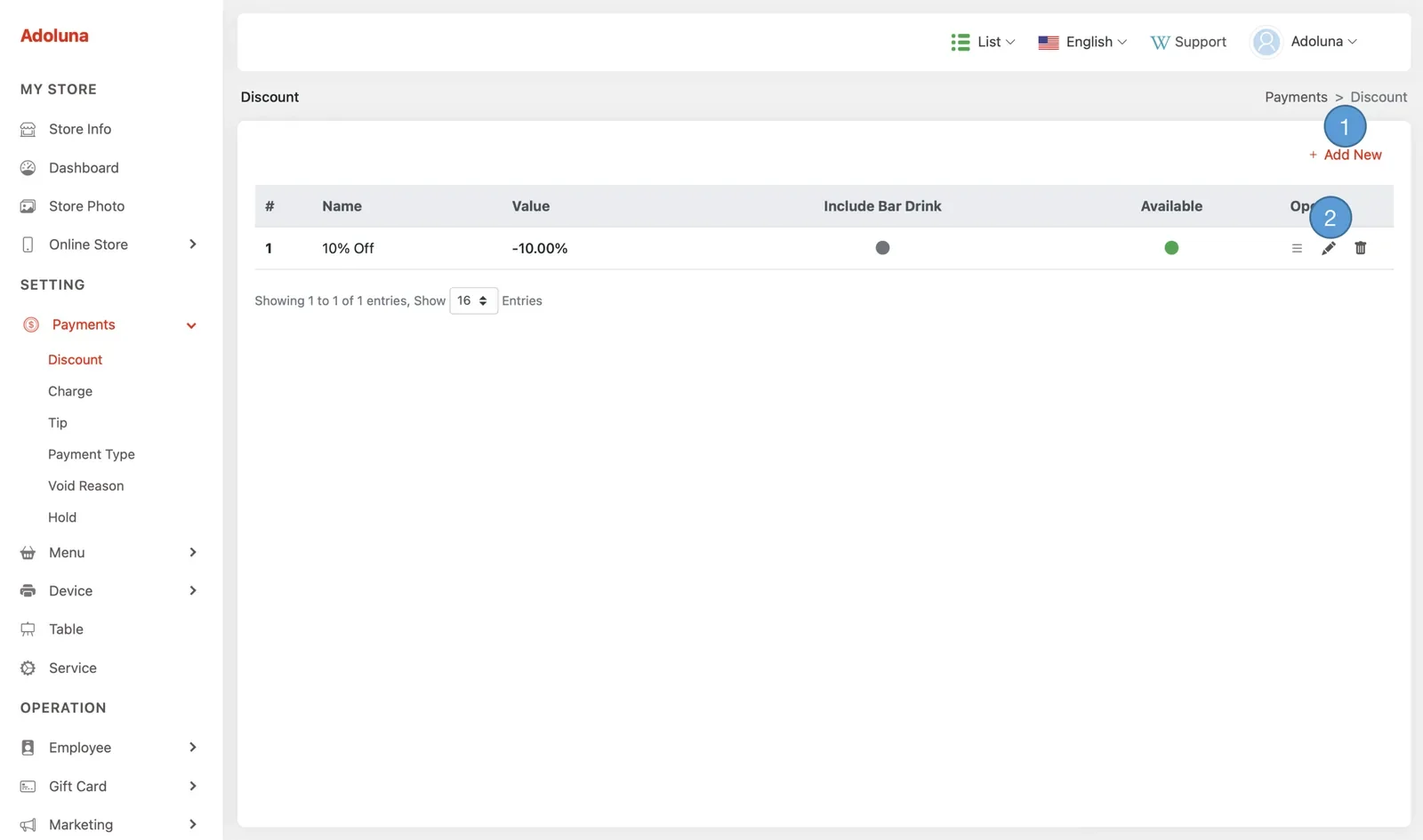 Adoluna Backoffice screen – Discount 1 (Payments: Discount)
