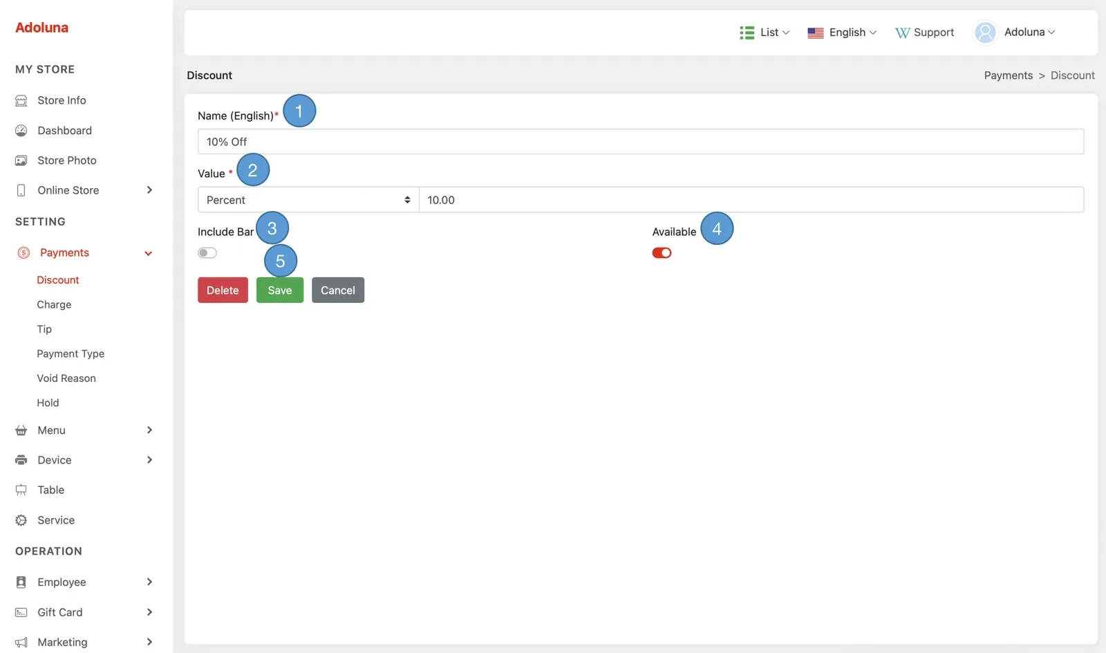 Adoluna Backoffice screen – Discount 2 (Payments: Discount)