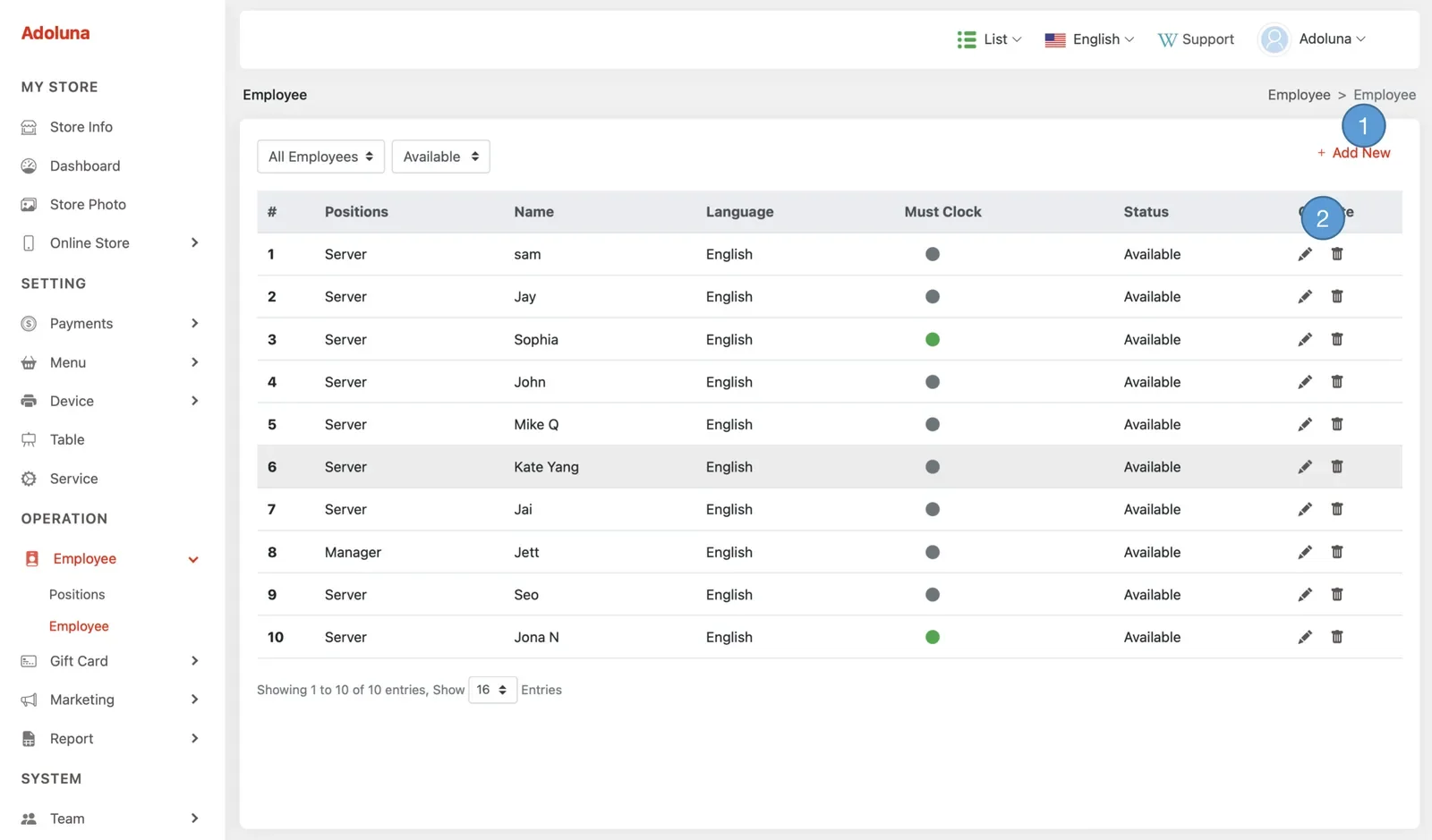 Adoluna Backoffice screen – Employee 1 (Employee)