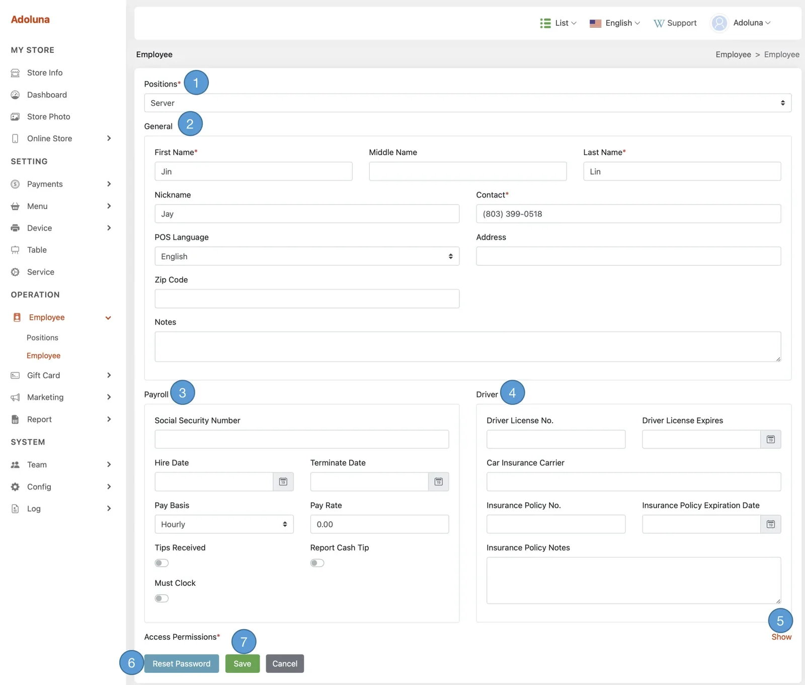 Adoluna Backoffice screen – Employee 2 (Employee)