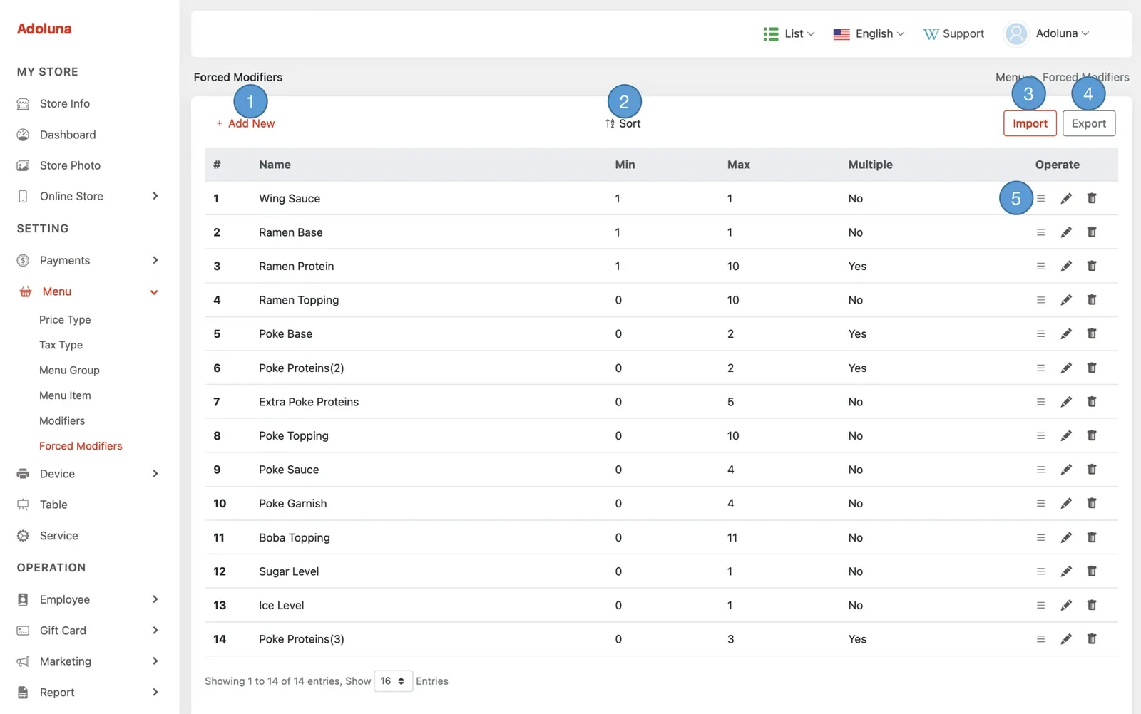 Adoluna Backoffice screen – Forced Modifier 1 (Menu: Forced Modifiers)