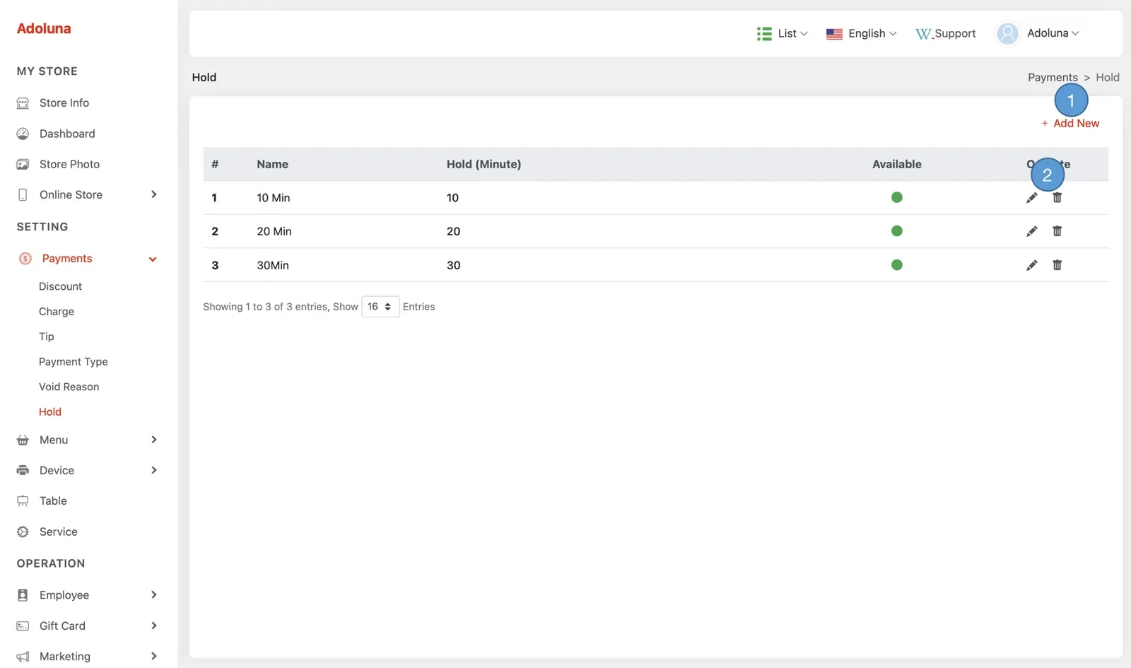 Adoluna Backoffice screen – Hold 1 (Payments: Hold)