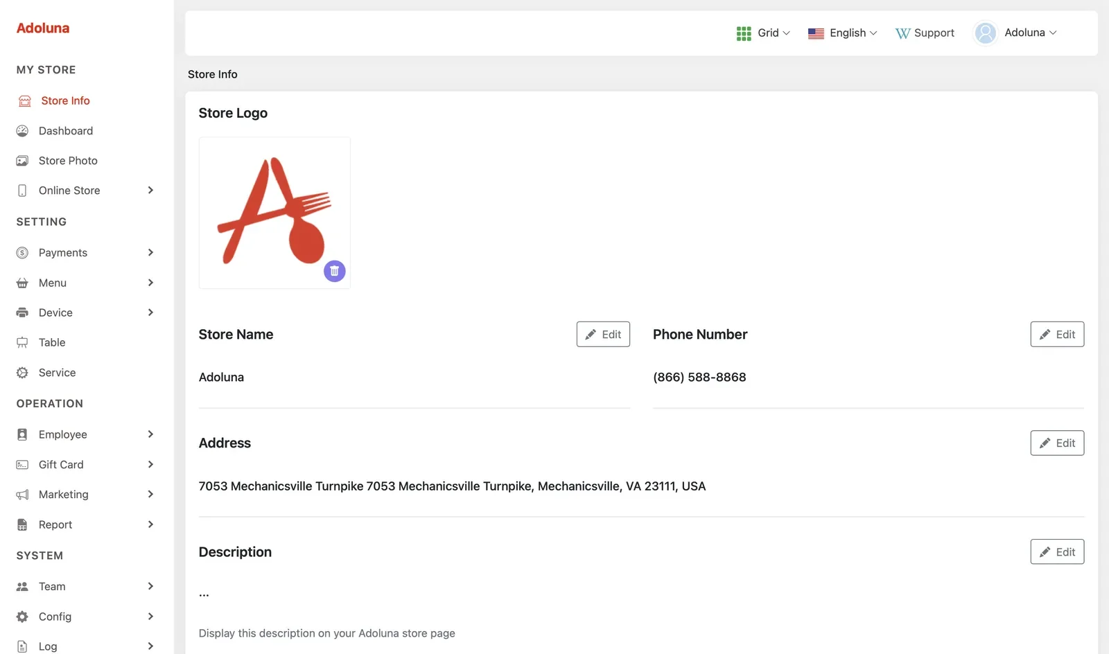 Adoluna Backoffice screen – Main (Store Info)