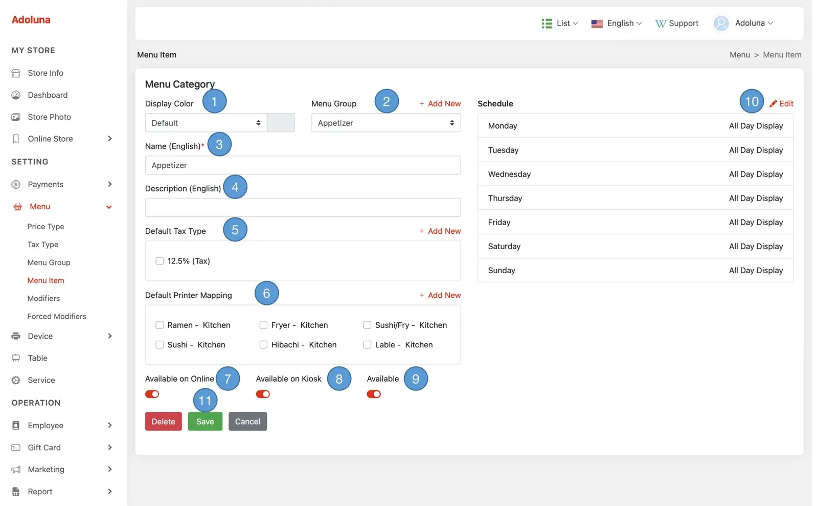 Adoluna Backoffice screen – Menu Category 2 (Menu: Manage Menu Categories)