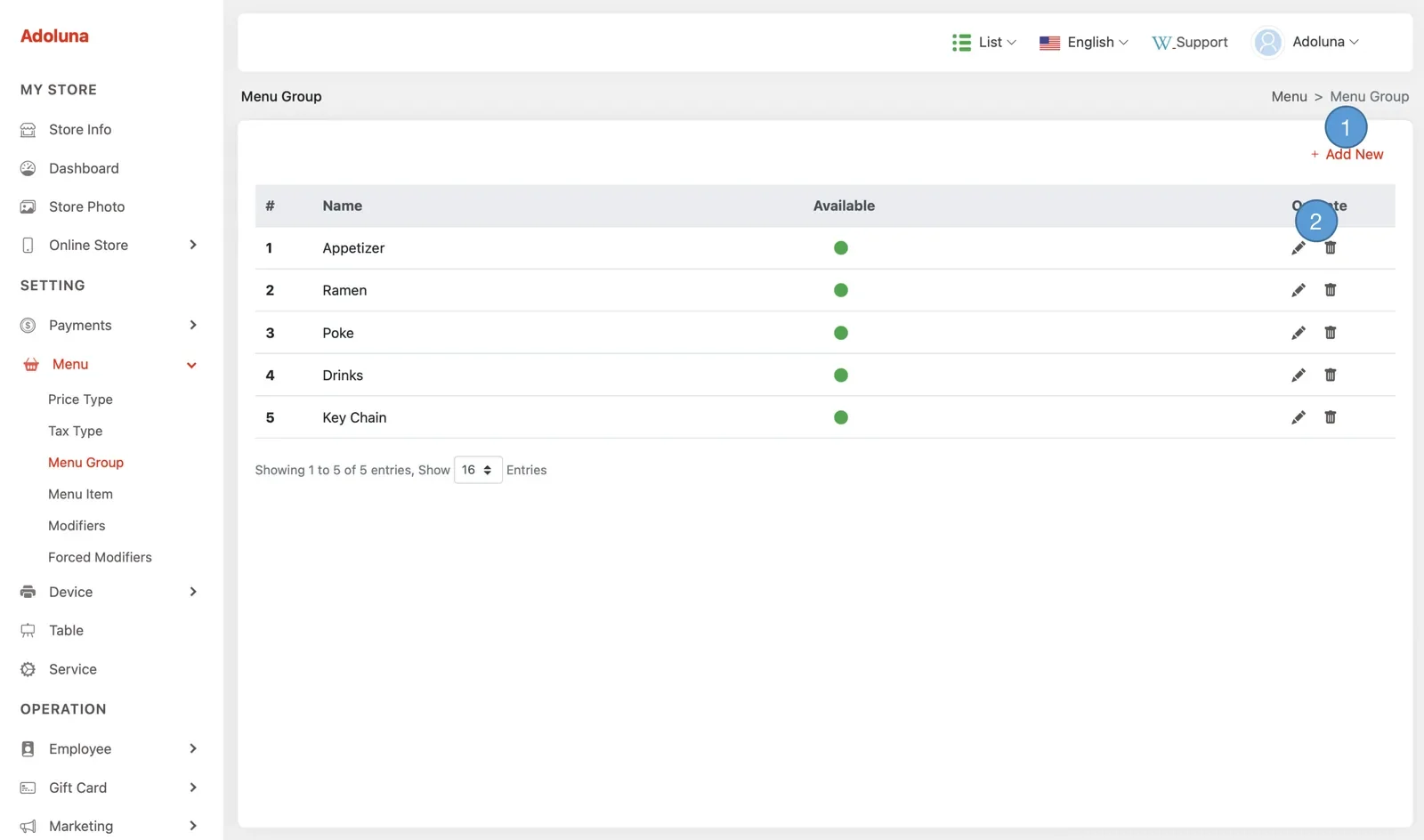 Adoluna Backoffice screen – Menu Group 1 (Menu: Menu Group)