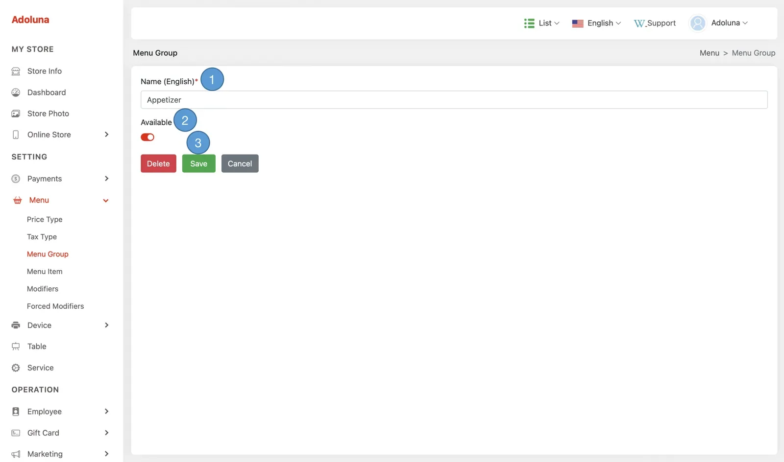 Adoluna Backoffice screen – Menu Group 2 (Menu: Menu Group)