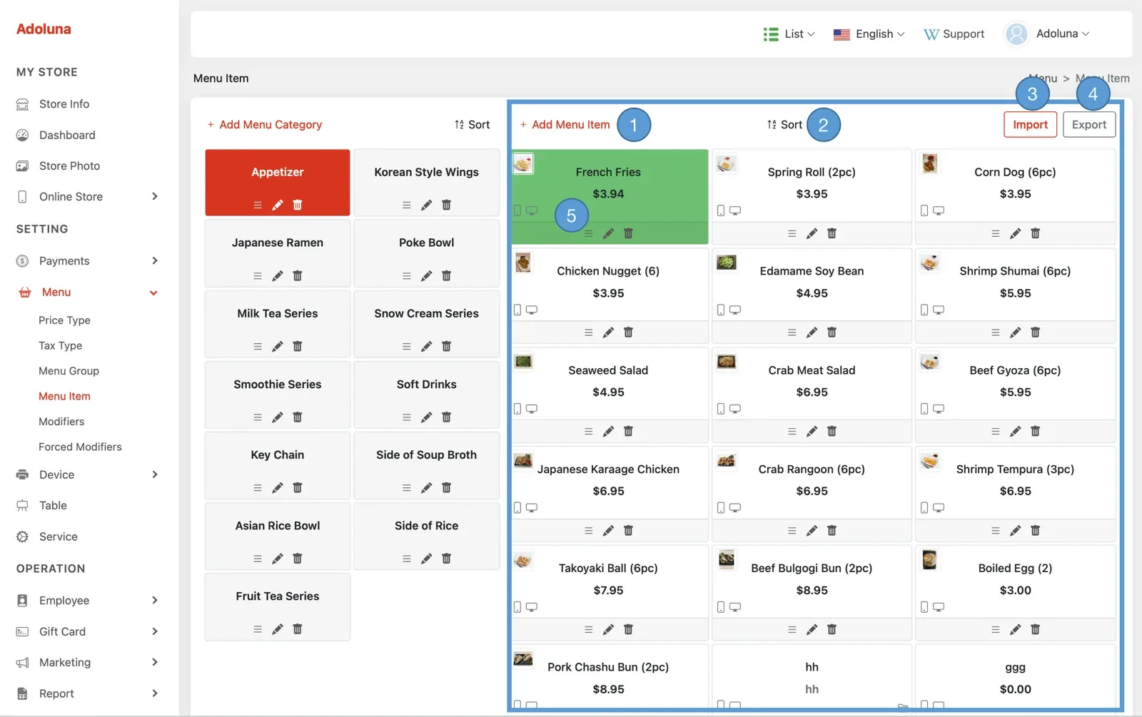 Adoluna Backoffice screen – Menu Item 1 (Menu: Manage Menu Item)