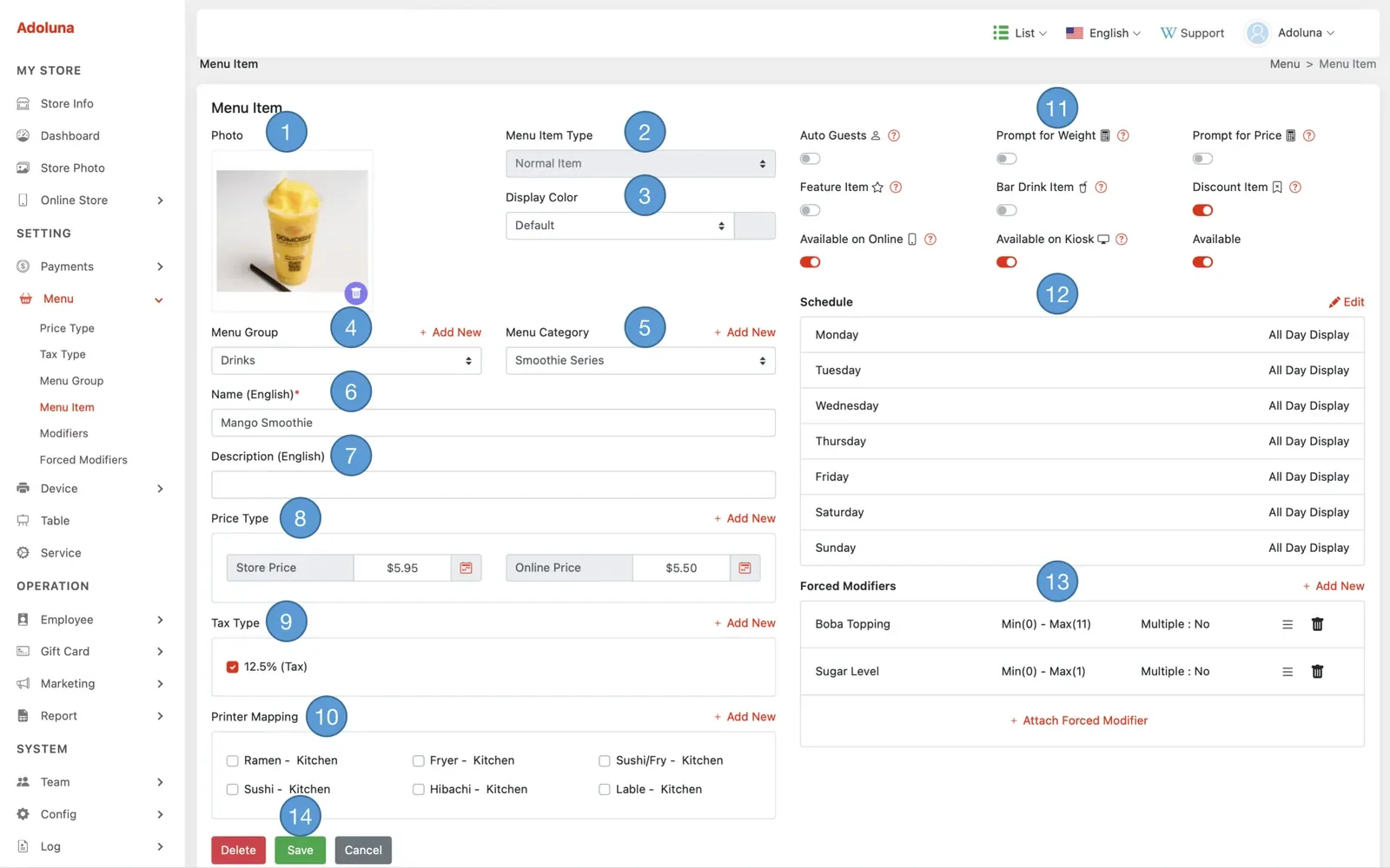 Adoluna Backoffice screen – Menu Item 2 (Menu: Manage Menu Item)