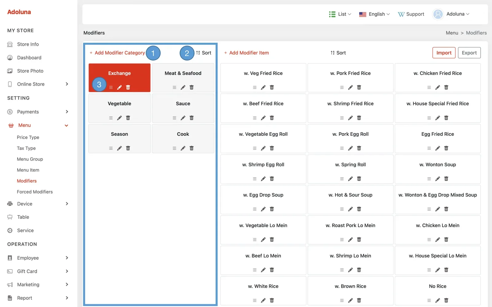Adoluna Backoffice screen – Modifier Category 1 (Menu: Manage Modifier Categories)