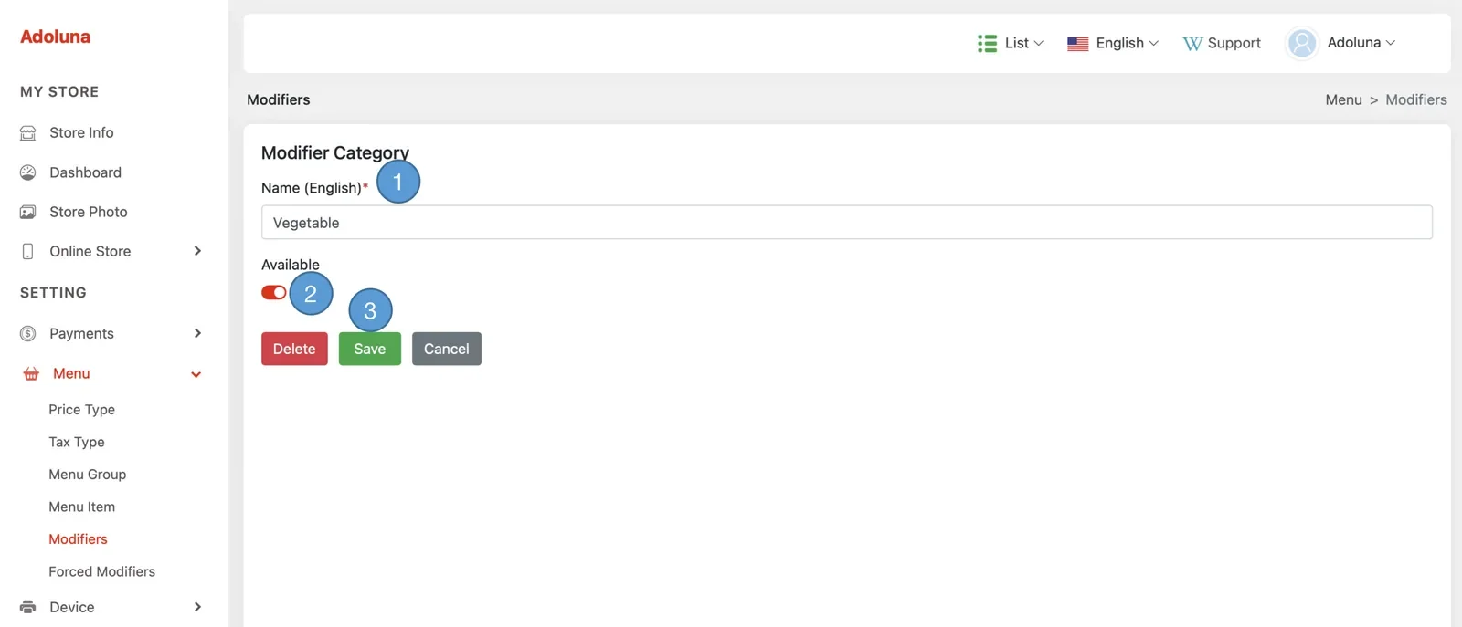 Adoluna Backoffice screen – Modifier Category 2 (Menu: Manage Modifier Categories)