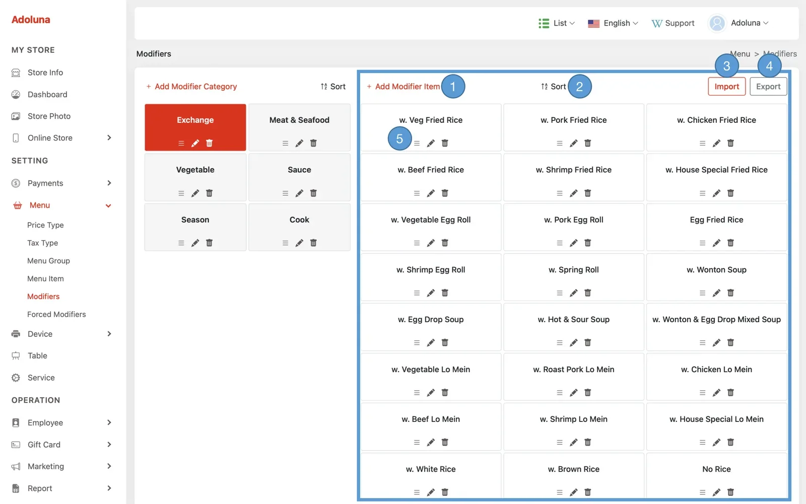 Adoluna Backoffice screen – Modifier Item 1 (Menu: Manage Modifier Item)