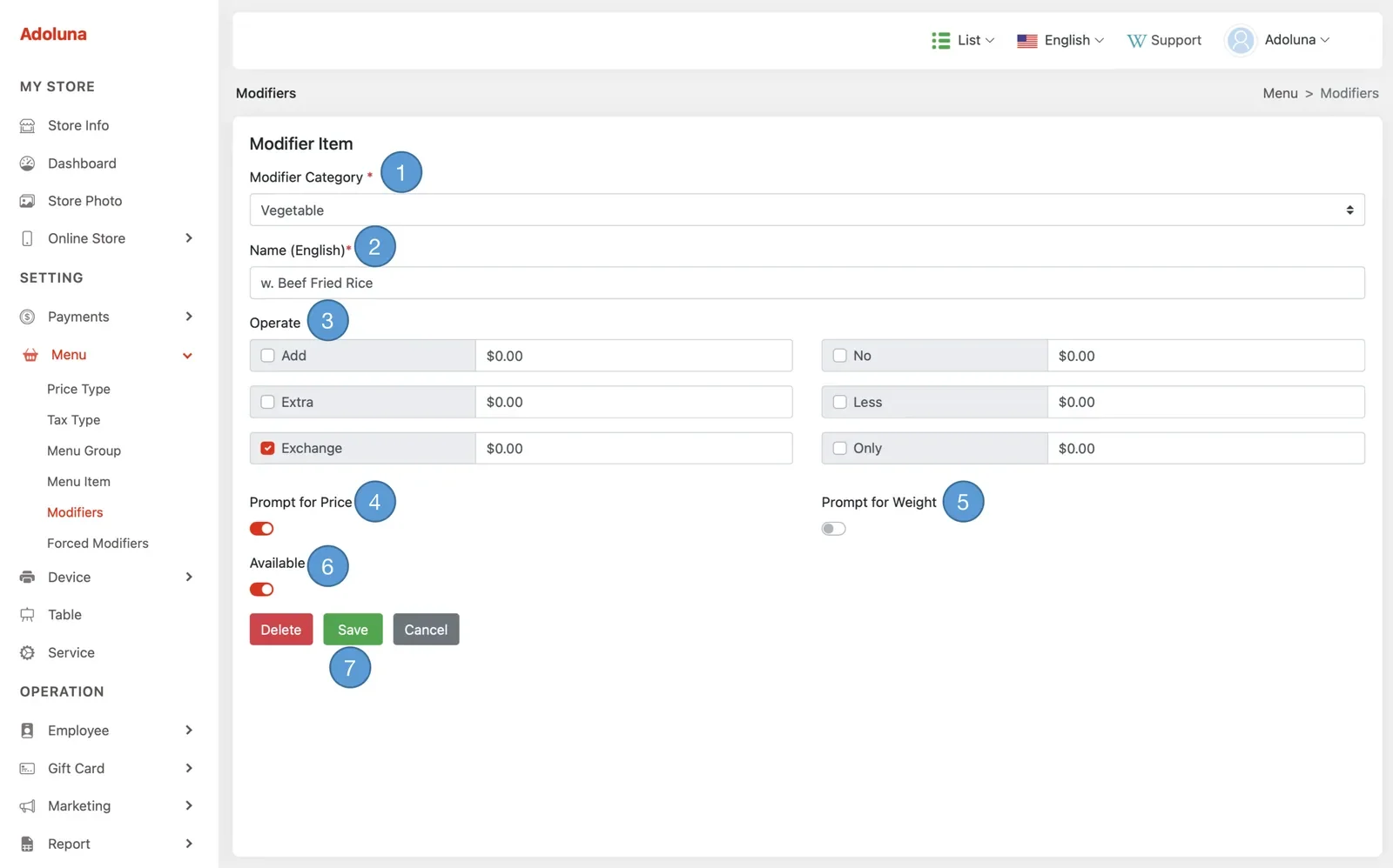 Adoluna Backoffice screen – Modifier Item 2 (Menu: Manage Modifier Item)