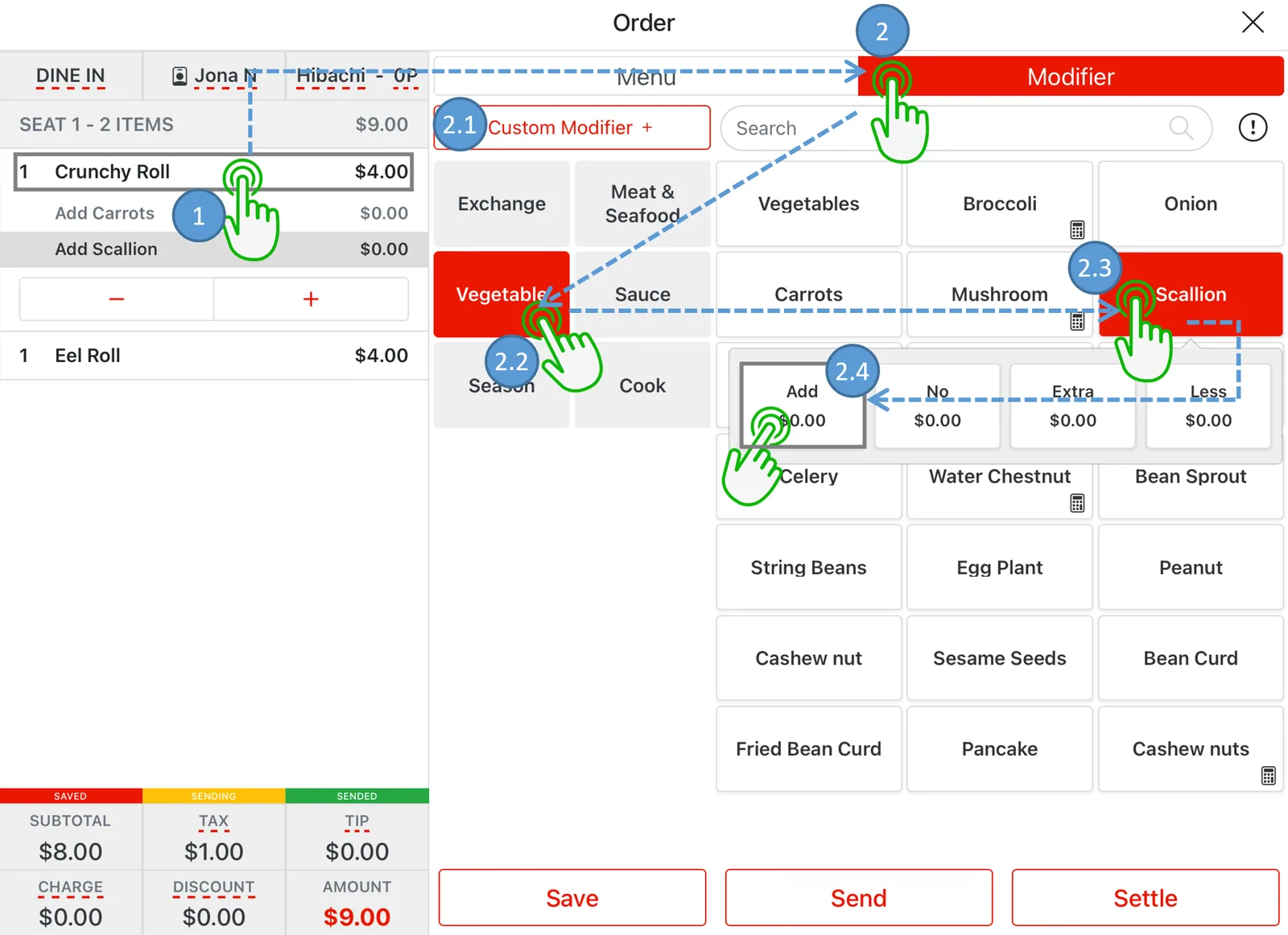 Adoluna POS screen – Modifiers (Order Entry: Modify Selected Menu Item)