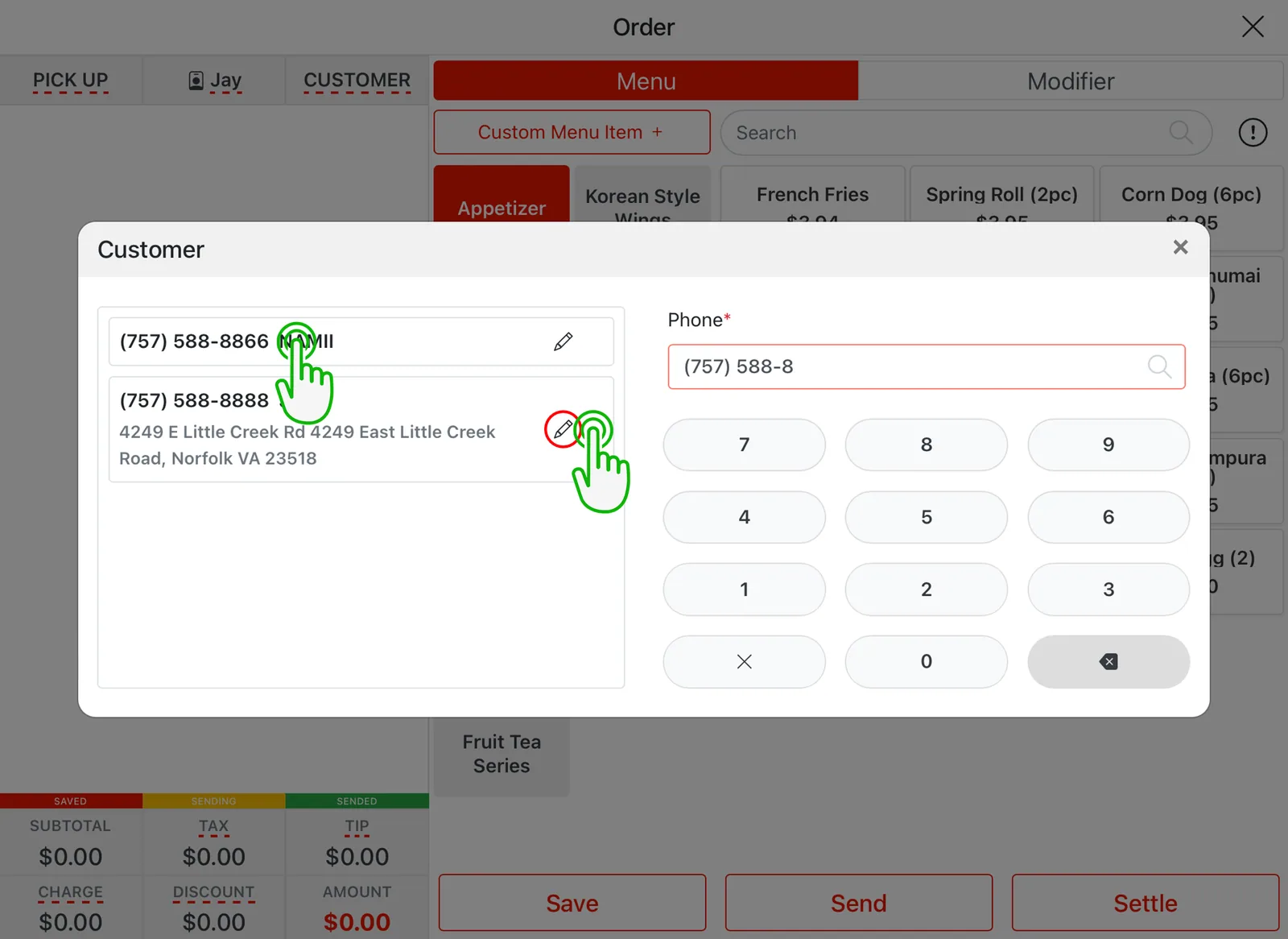 Adoluna POS screen – New Customer 2 (Order Entry: Pick Up Order)