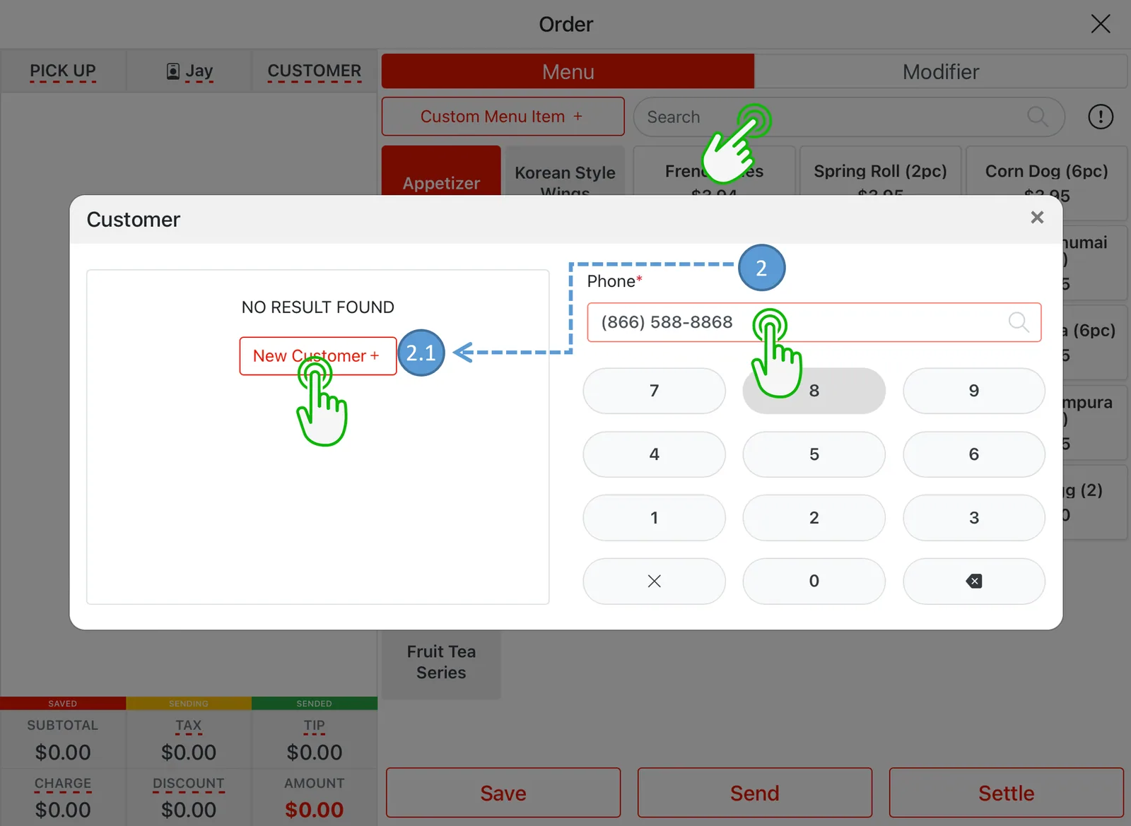 Adoluna POS screen – New Customer (Order Entry: Pick Up Order)