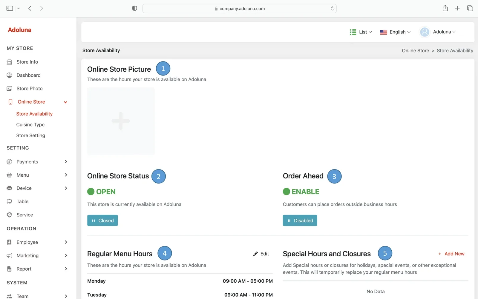 Adoluna Backoffice screen – Online Store Store Availability (Online Store)