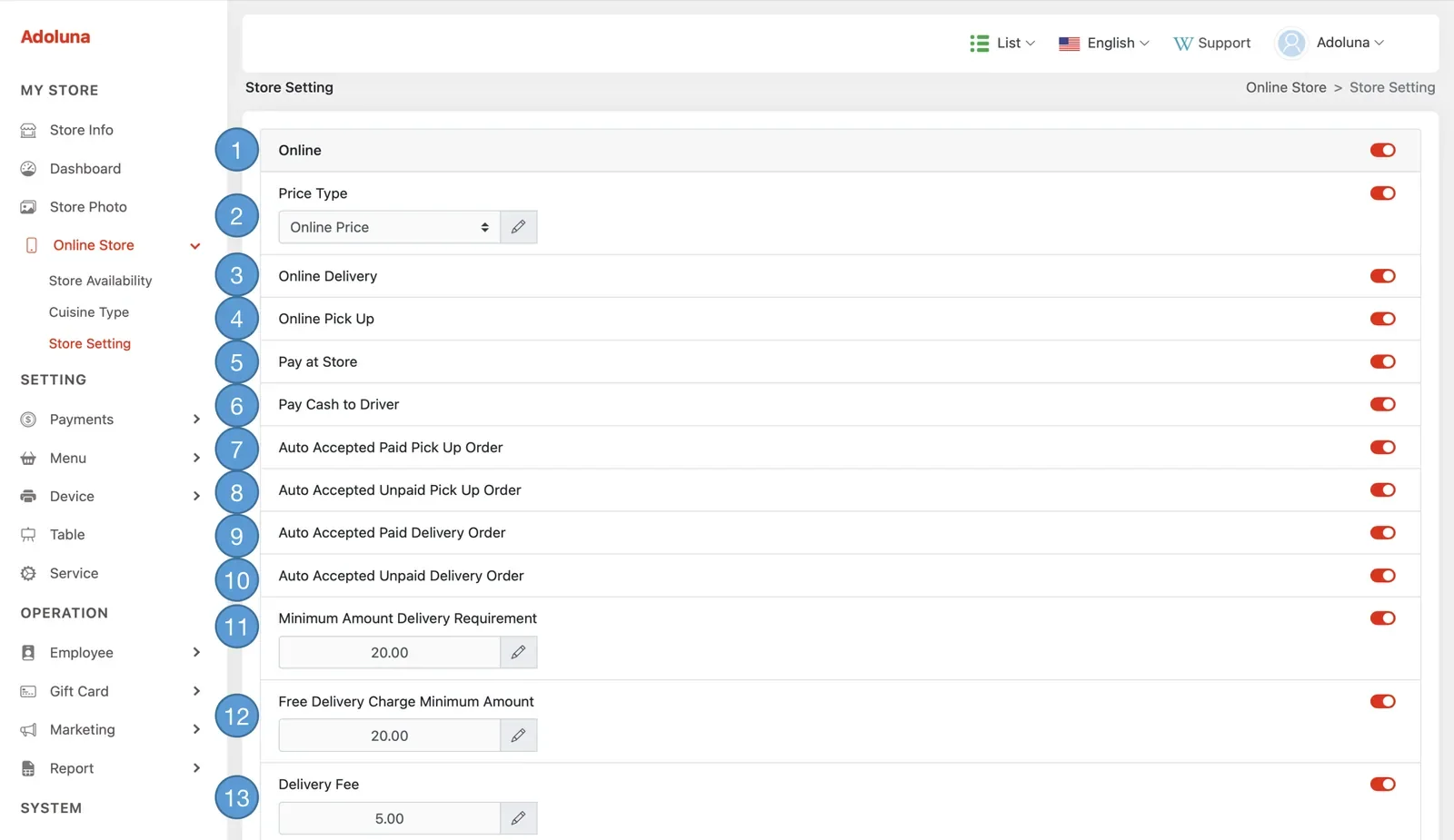 Adoluna Backoffice screen – Online Store 1 (Online Store)