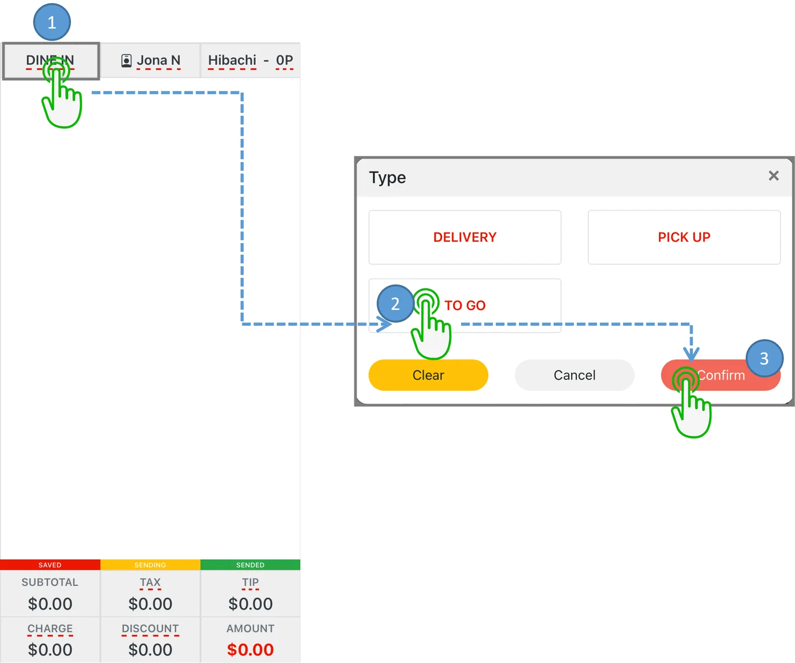 Adoluna POS screen – Order Type (Order Entry: Change Order Type)