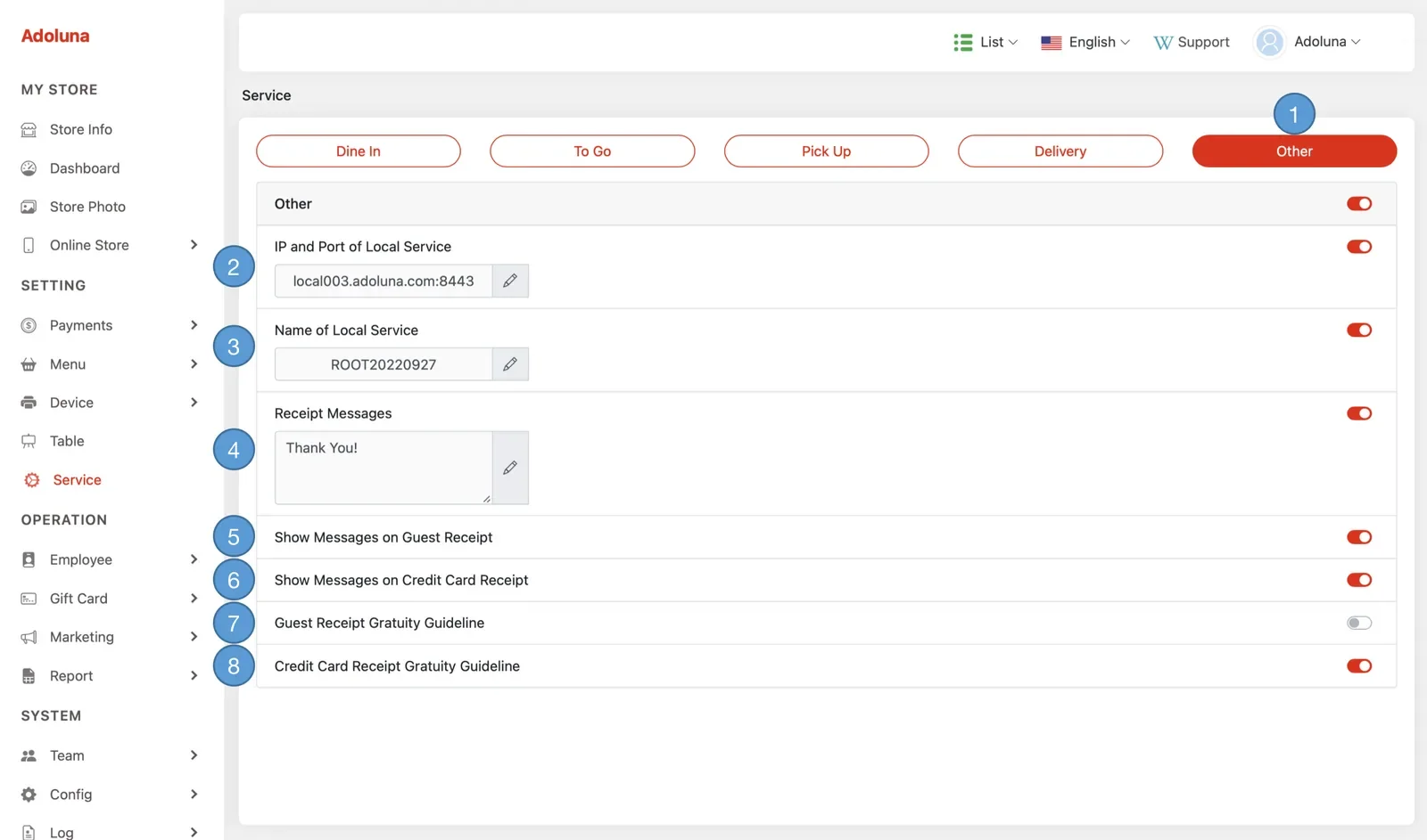 Adoluna Backoffice screen – Other (Services: Other)