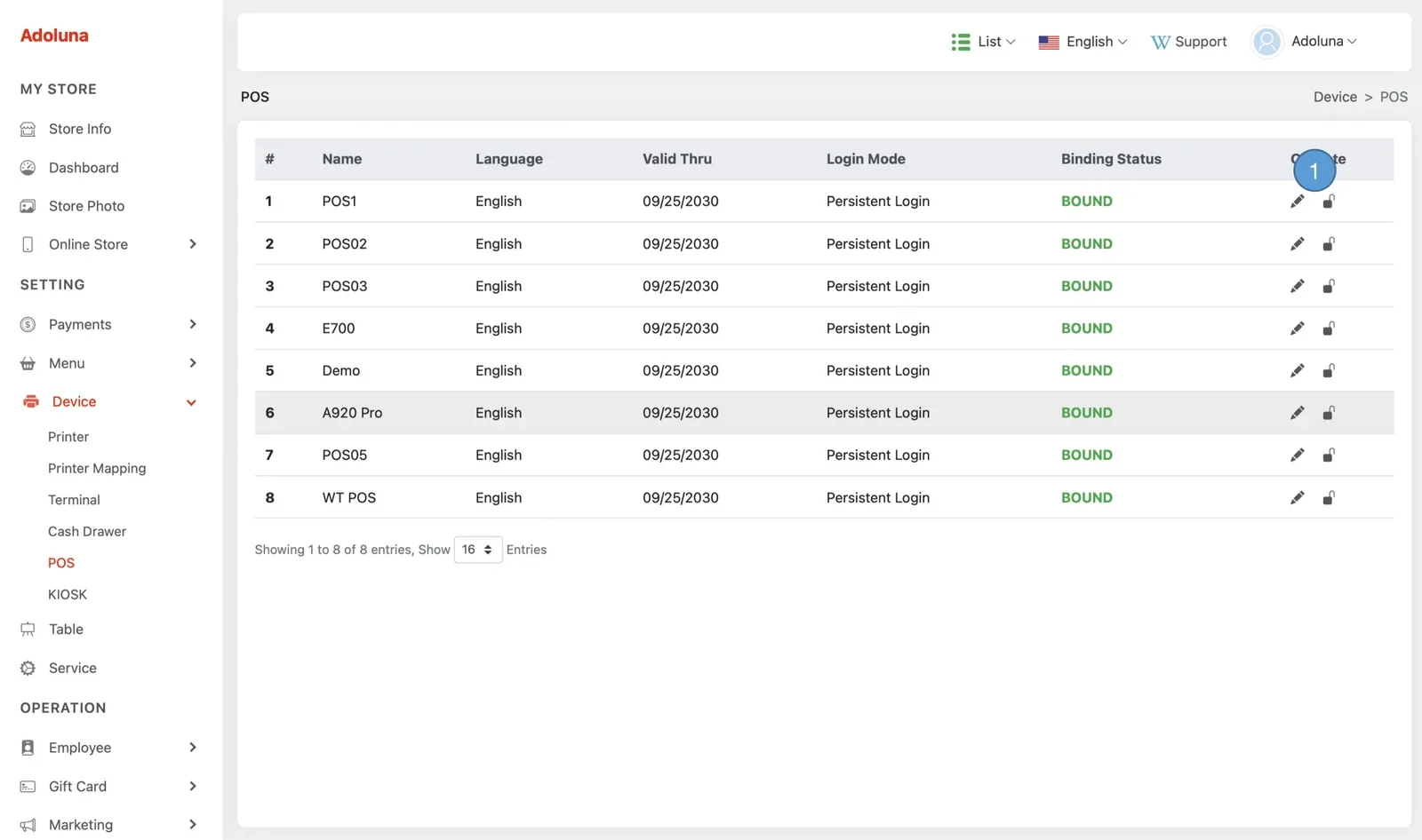 Adoluna Backoffice screen – POS 1 (Device: POS)
