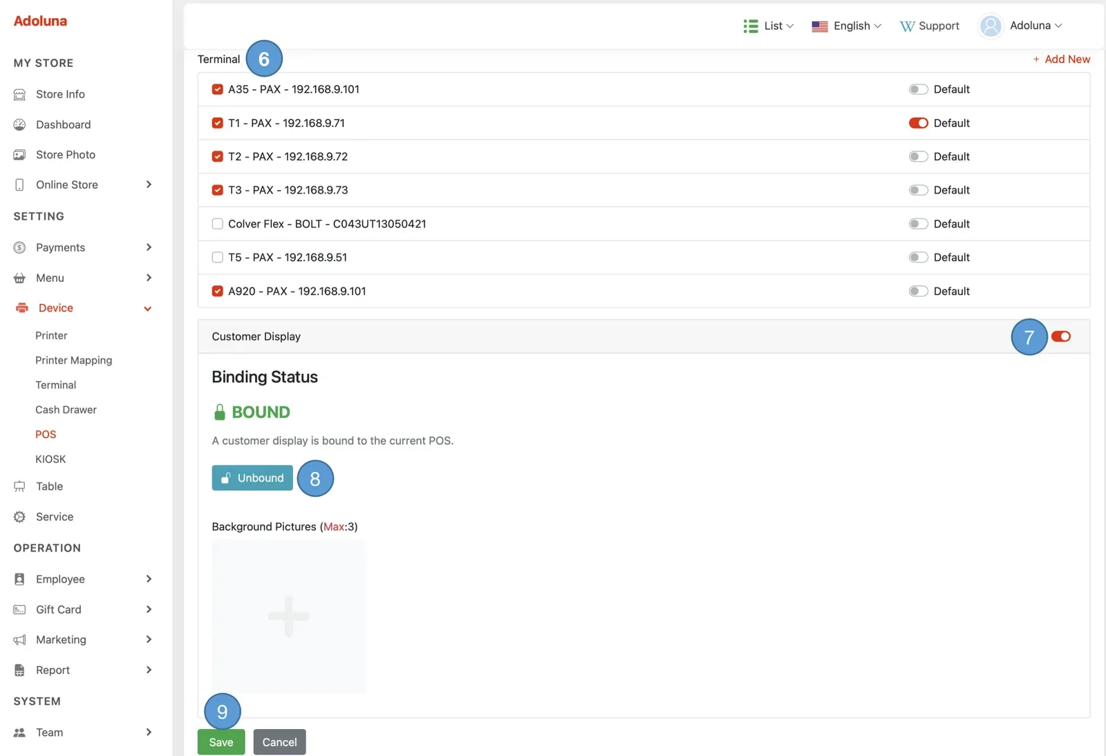 Adoluna Backoffice screen – POS 3 (Device: POS)