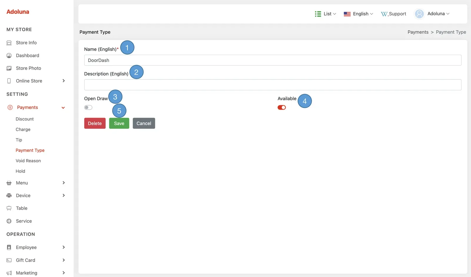 Adoluna Backoffice screen – Payment 2 (Payments: Payment Type)