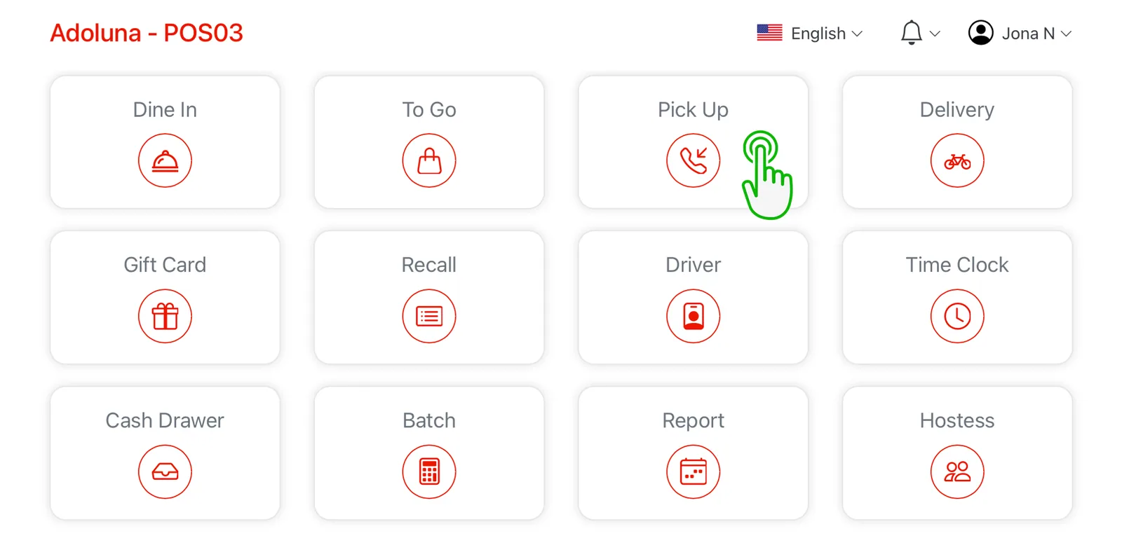 Adoluna POS screen – Pick Up 1 (Order Entry: Pick Up Order)