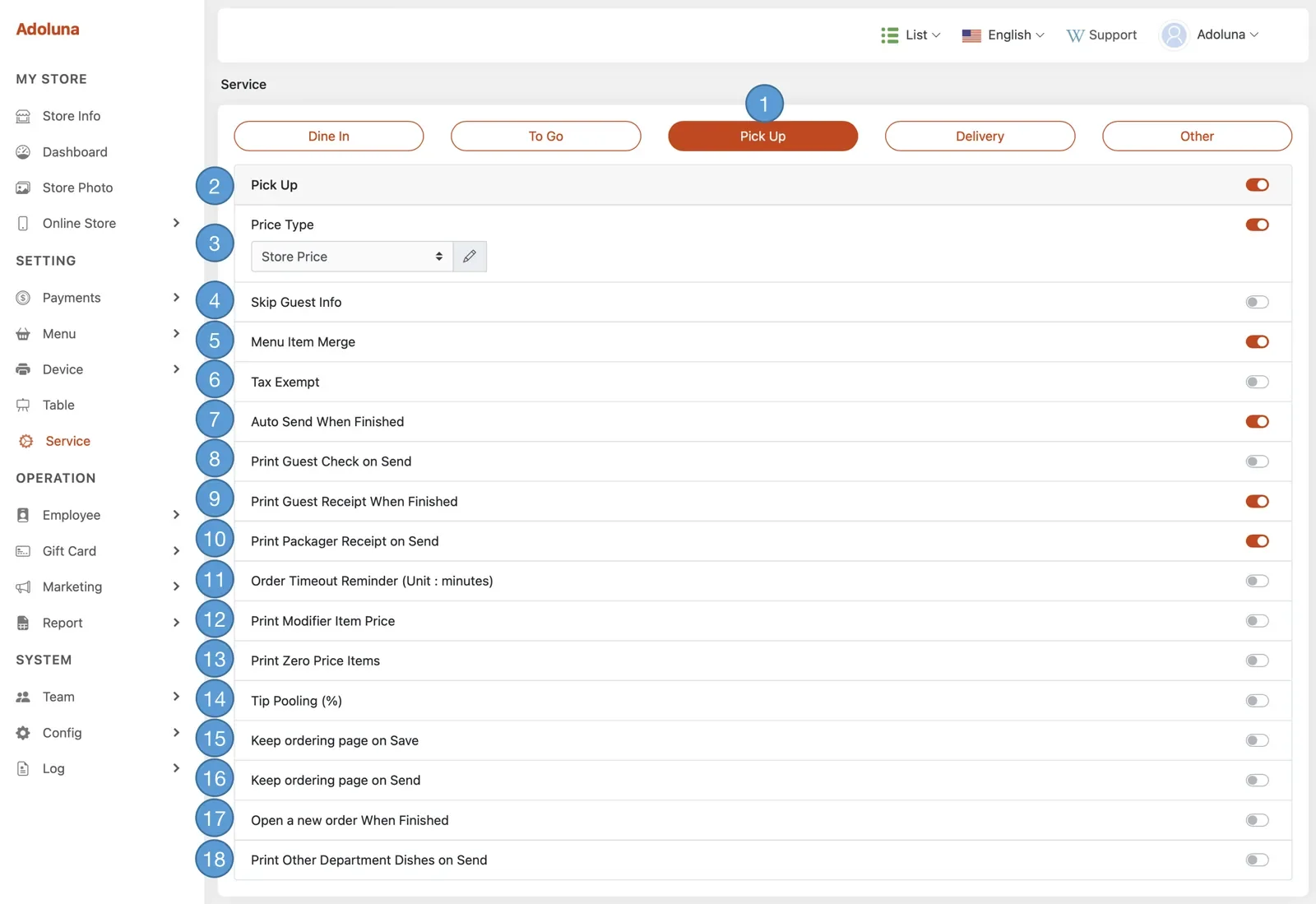 Adoluna Backoffice screen – Pick Up 1 (Services: Pick Up)