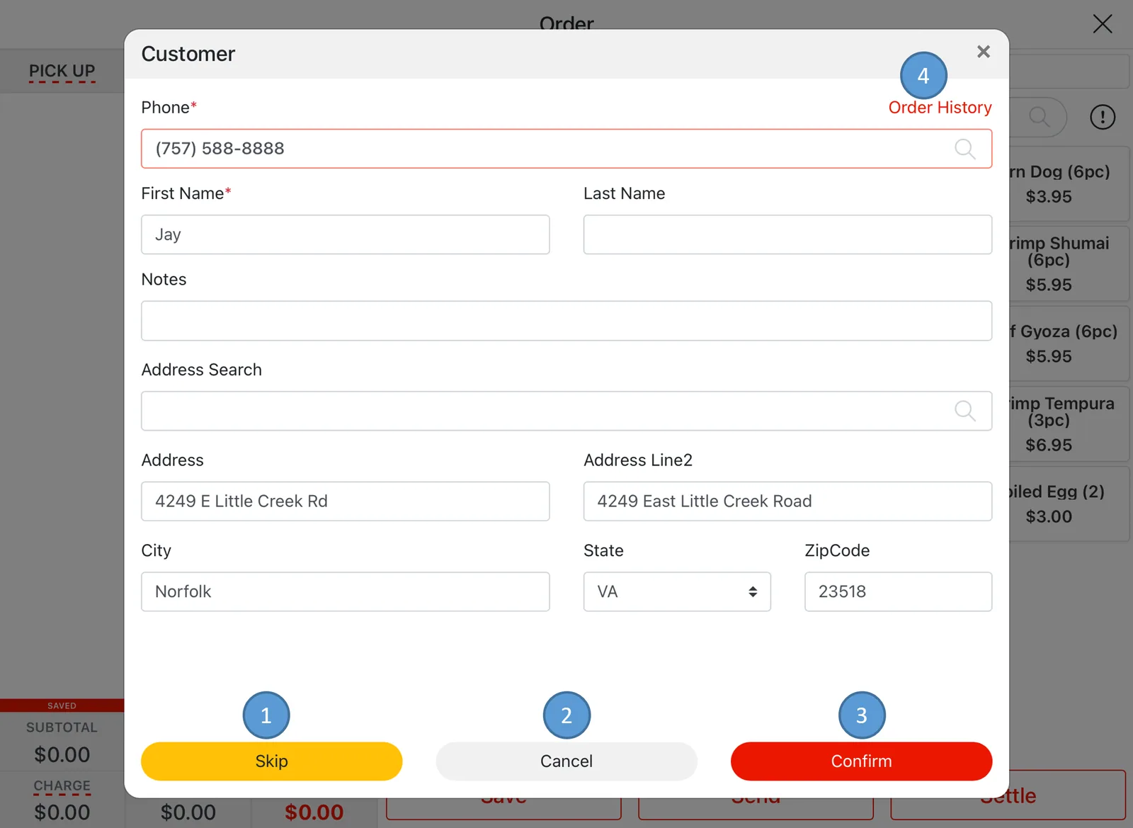 Adoluna POS screen – Pick Up (Order Entry: Pick Up Order)