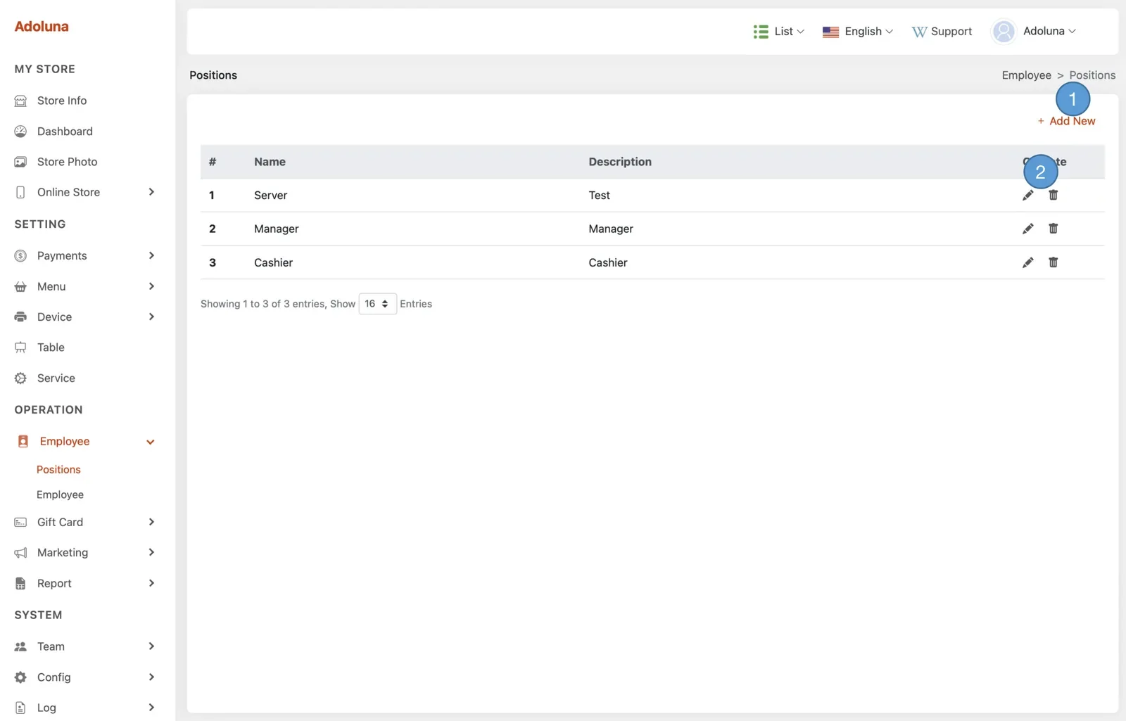 Adoluna Backoffice screen – Position 1 (Employee: Position)
