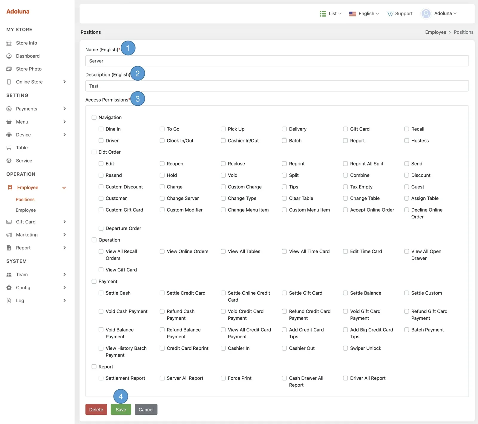 Adoluna Backoffice screen – Position 2 (Employee: Position)