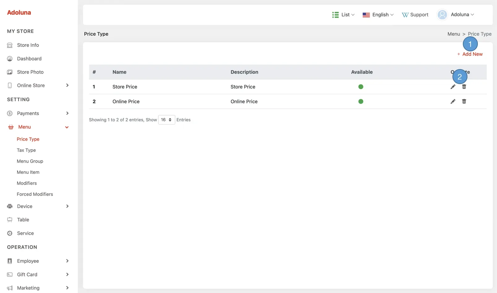 Adoluna Backoffice screen – Price Type 1 (Menu: Price Type)