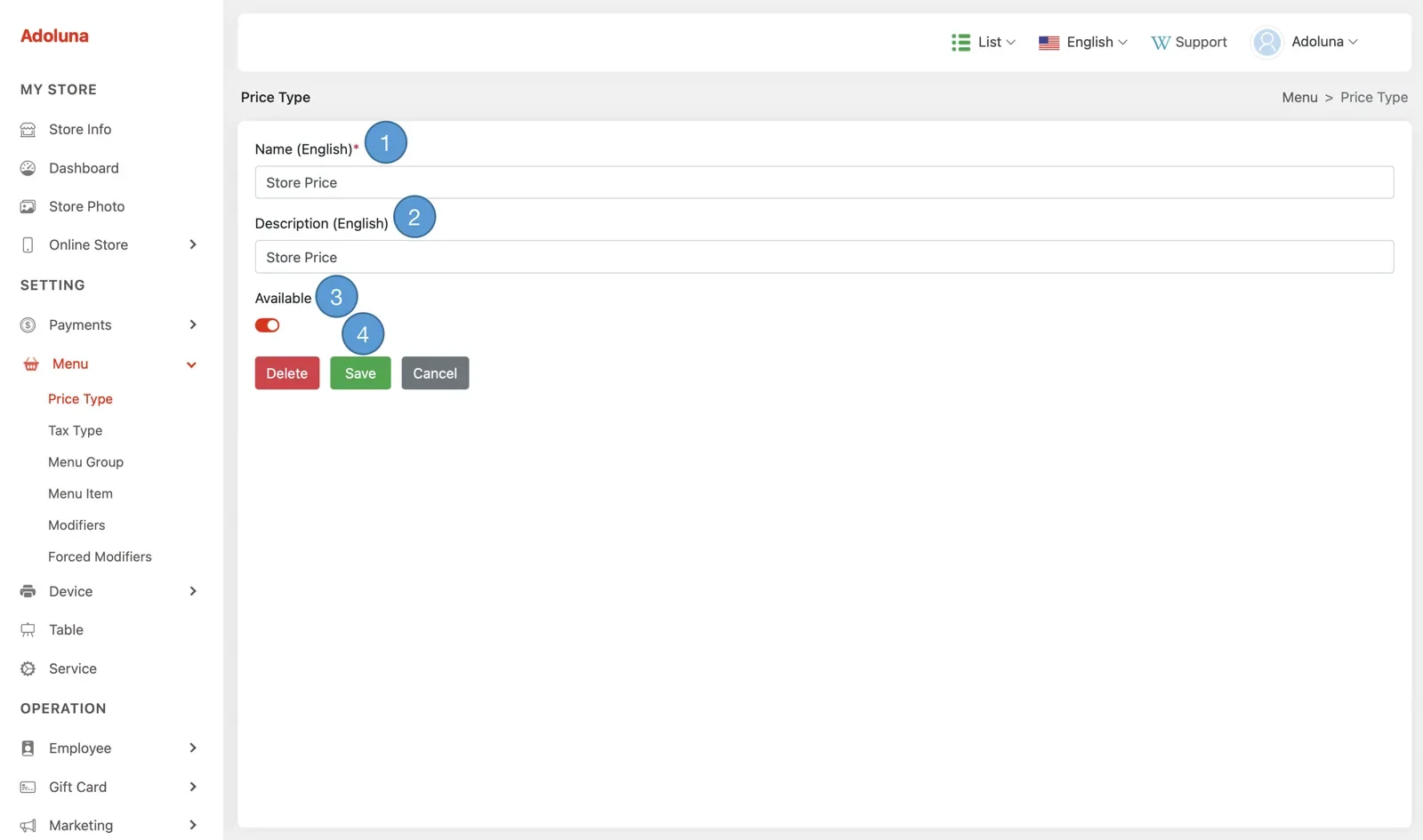 Adoluna Backoffice screen – Price Type 2 (Menu: Price Type)