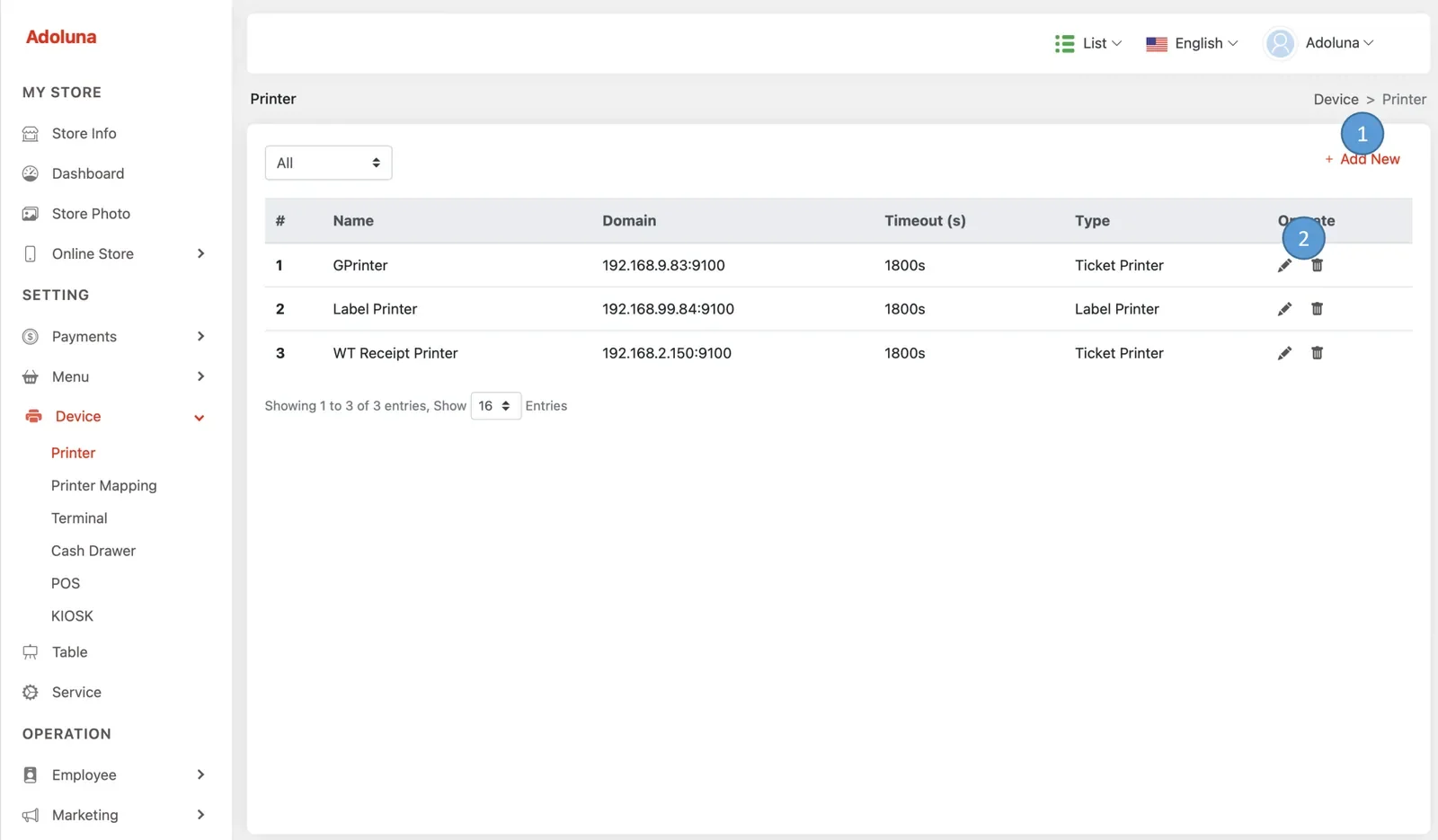 Adoluna Backoffice screen – Printer 2 (Device: Printer)