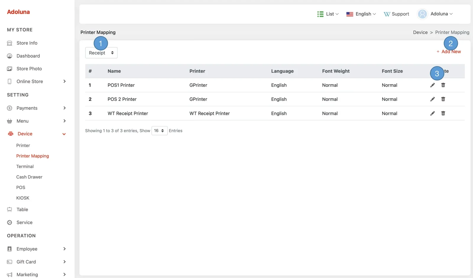 Adoluna Backoffice screen – Printer Mapping 1 (Device: Printer Mapping)