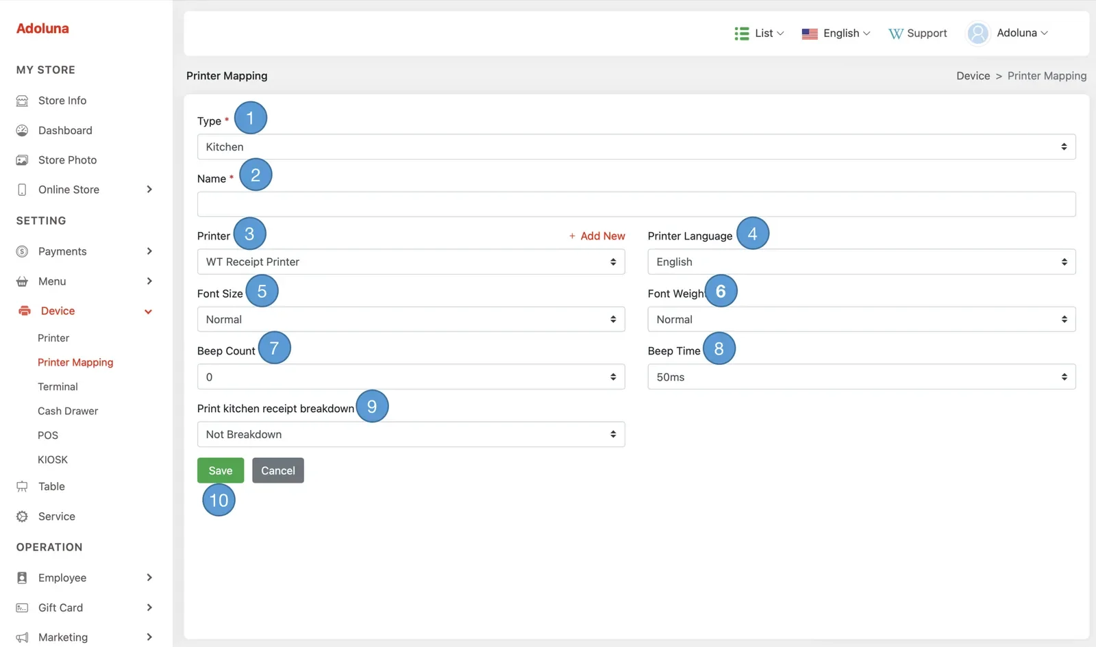Adoluna Backoffice screen – Printer Mapping 2 (Device: Printer Mapping)