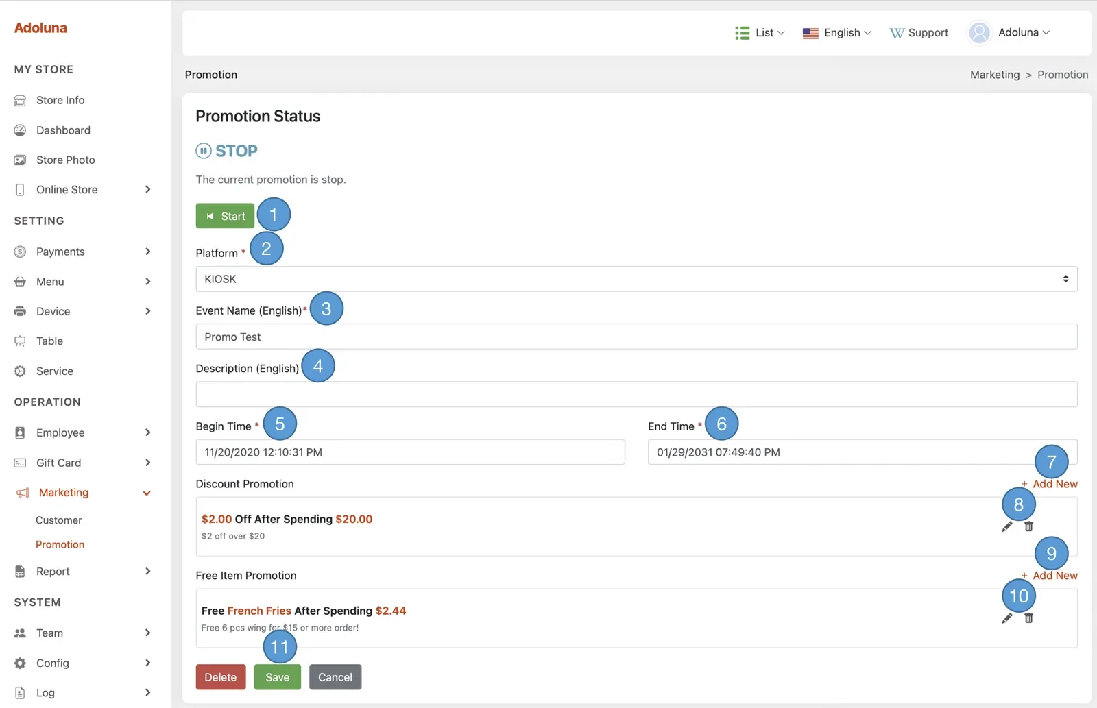 Adoluna Backoffice screen – Promotion 2 (Marketing: Promotion)