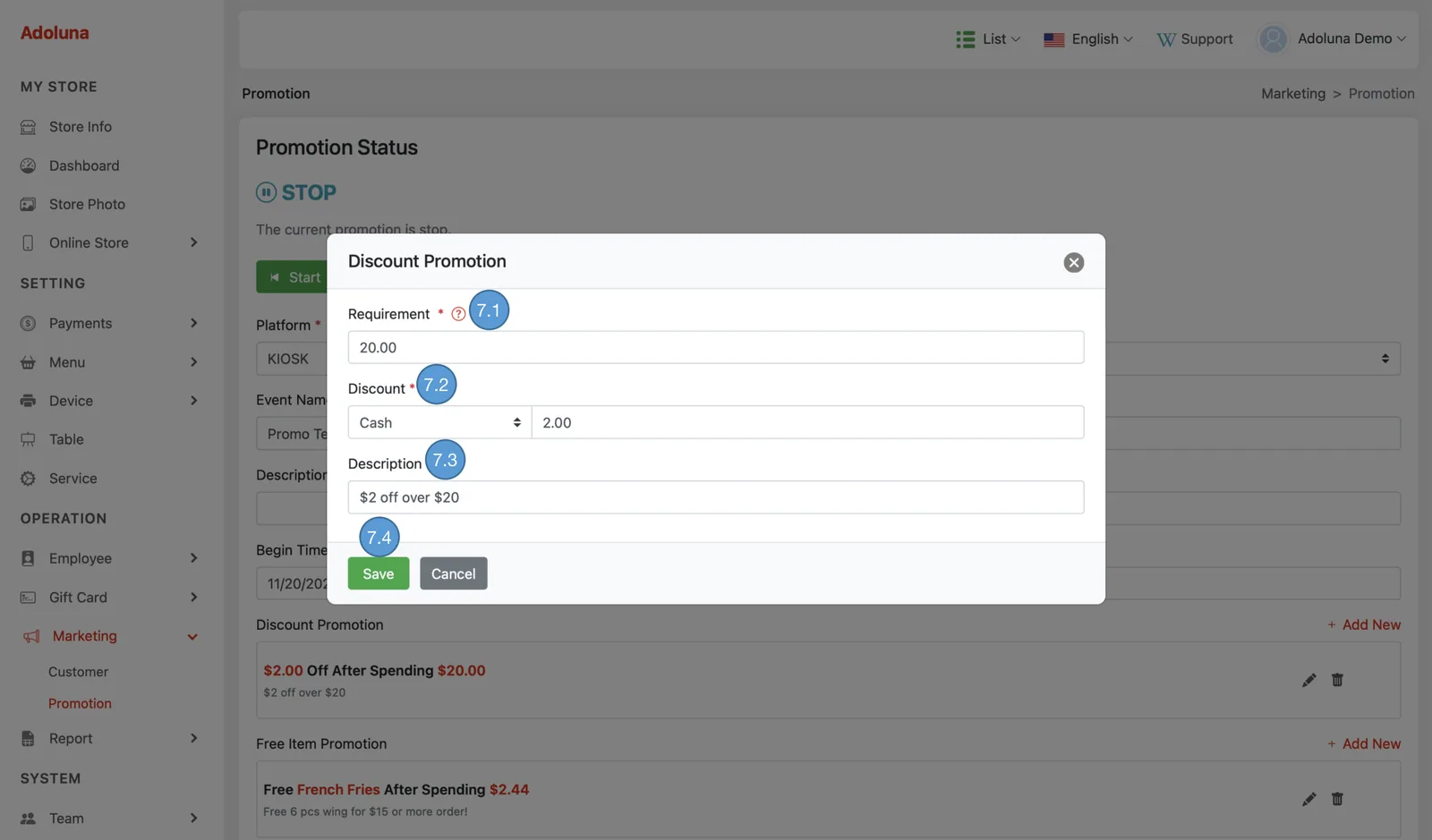 Adoluna Backoffice screen – Promotion 3 (Marketing: Promotion)