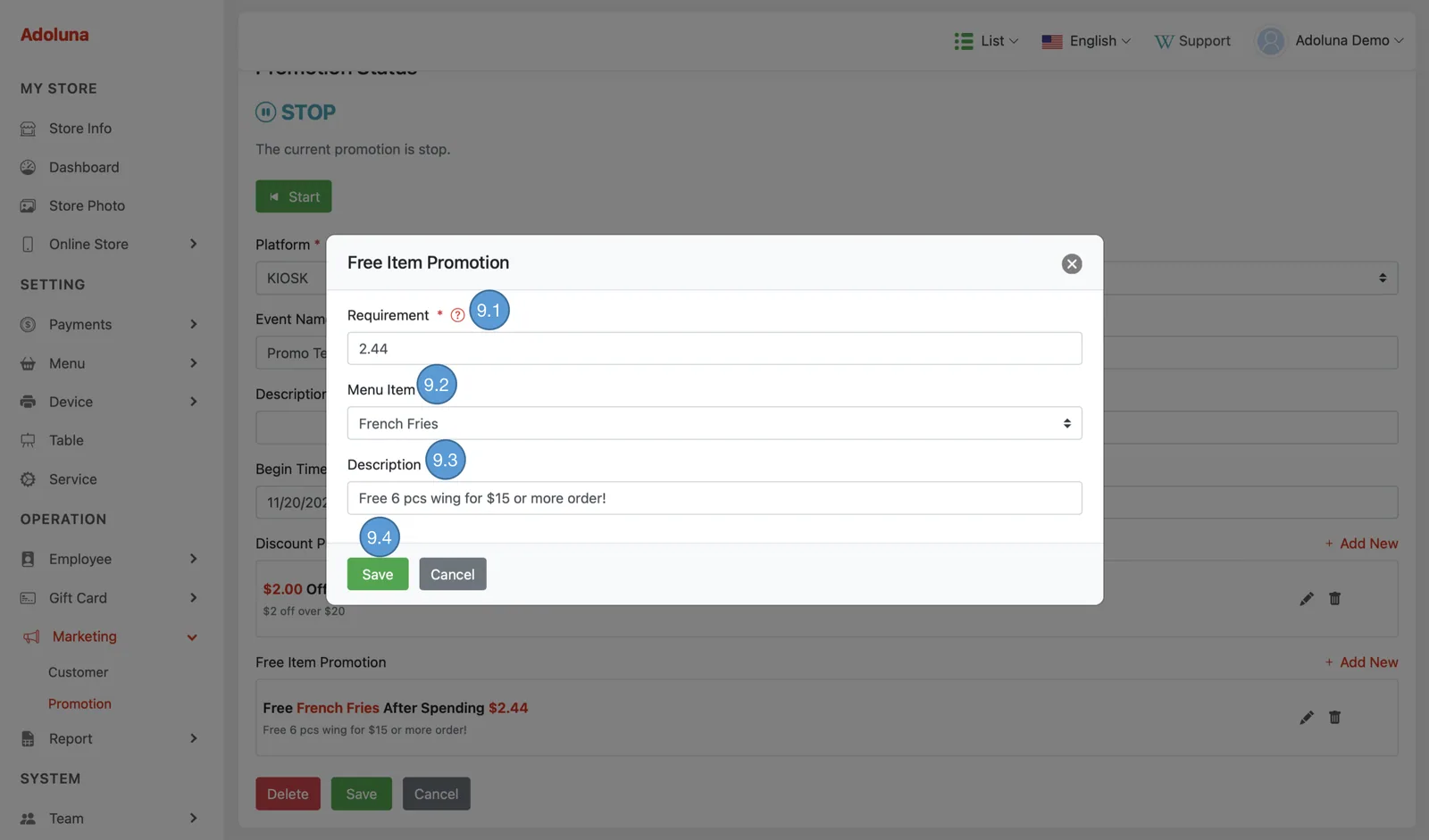Adoluna Backoffice screen – Promotion 4 (Marketing: Promotion)