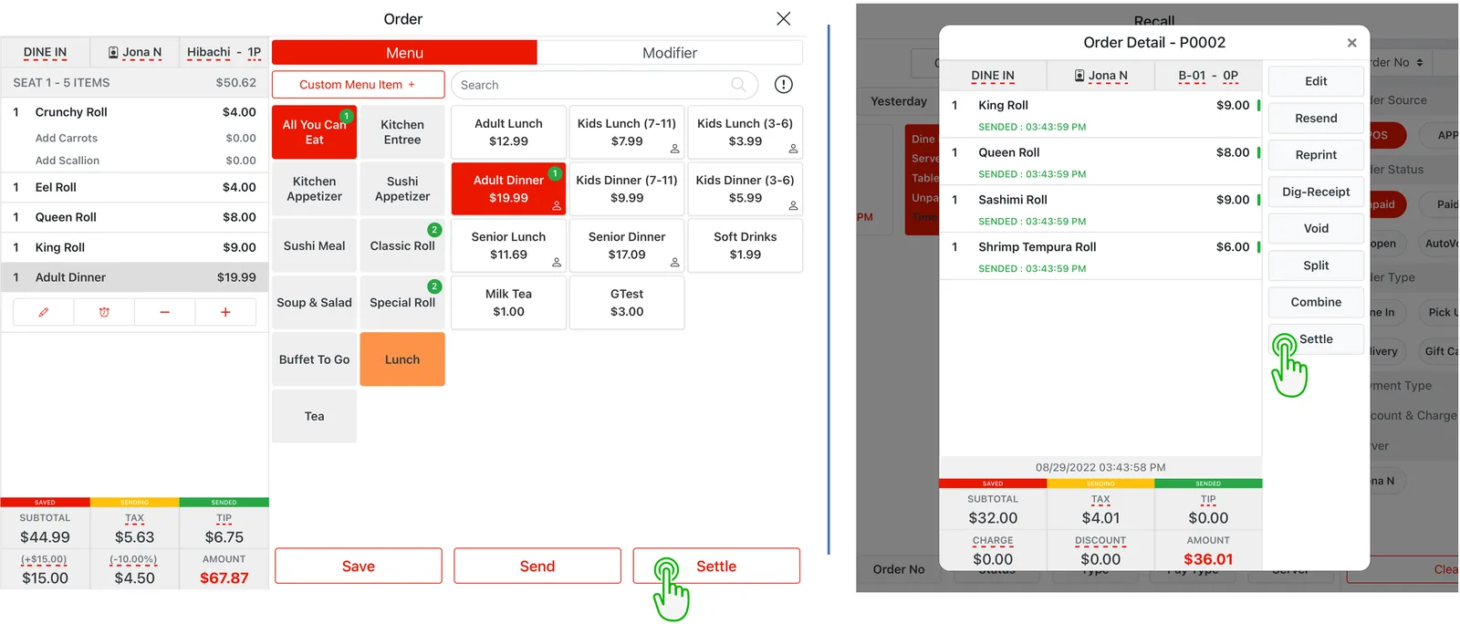 Adoluna POS screen – Settle (Order Settlement Procedures: Settle Screen)