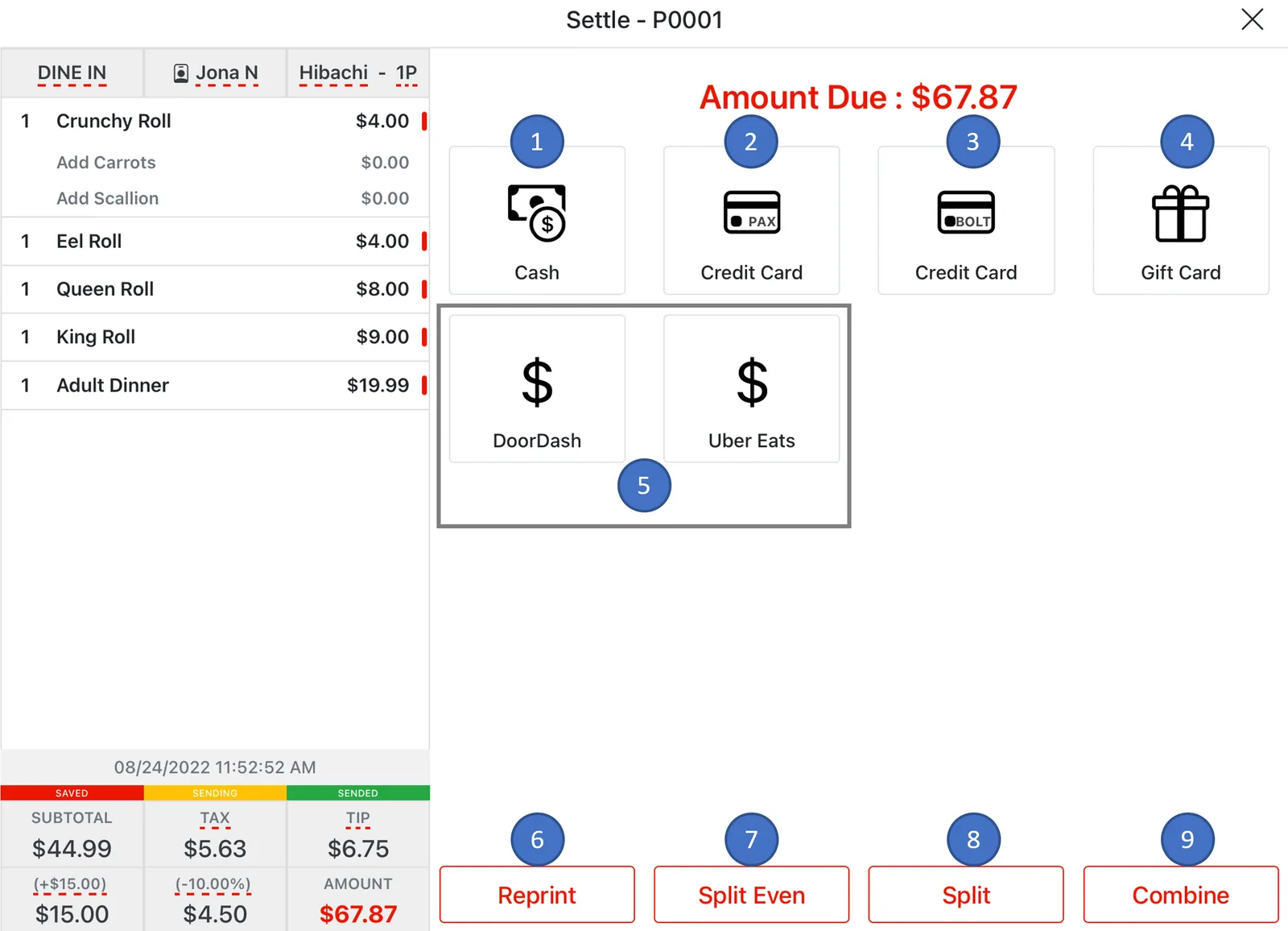 Adoluna POS screen – Settle Screen (Order Settlement Procedures: Settle Screen)