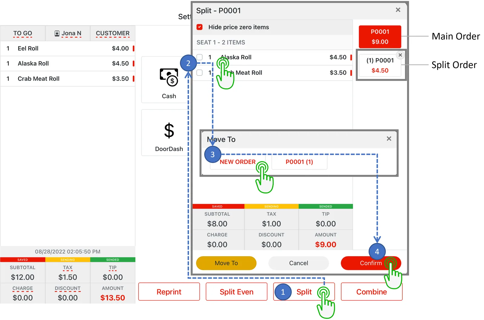 Adoluna POS screen – Split Order (Order Settlement Procedures: Split Order)