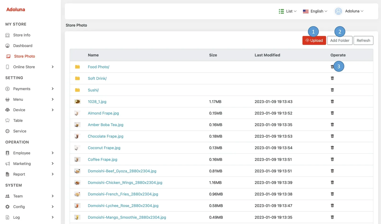 Adoluna Backoffice screen – Store Photo (Store Photo)