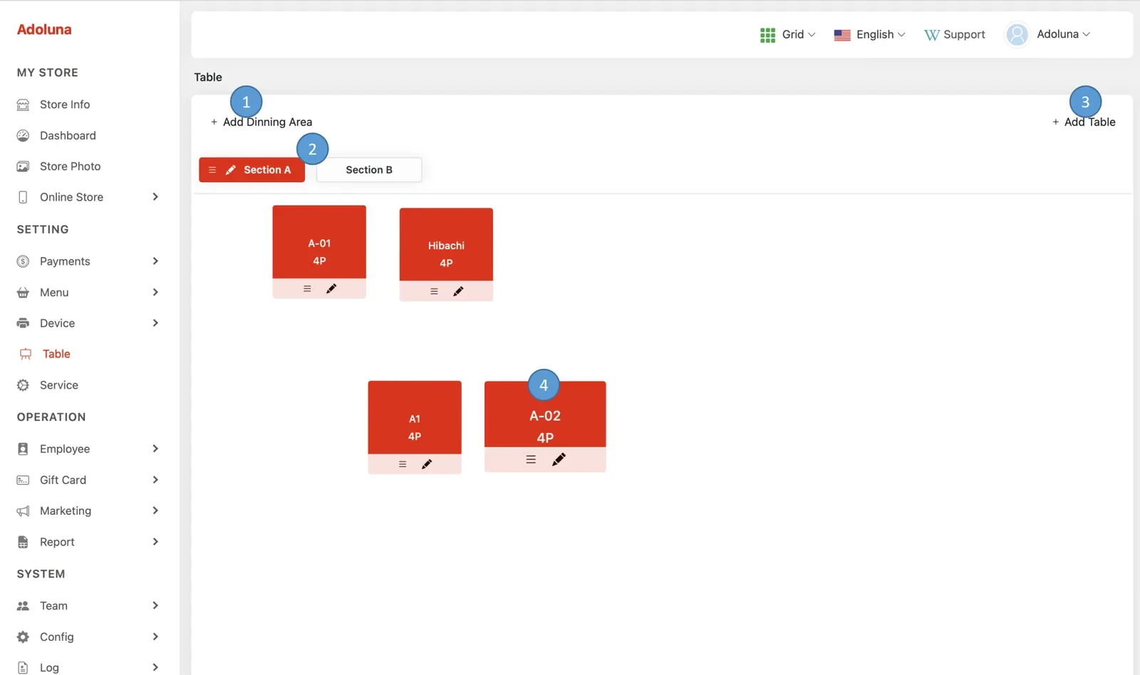 Adoluna Backoffice screen – Table (Table)