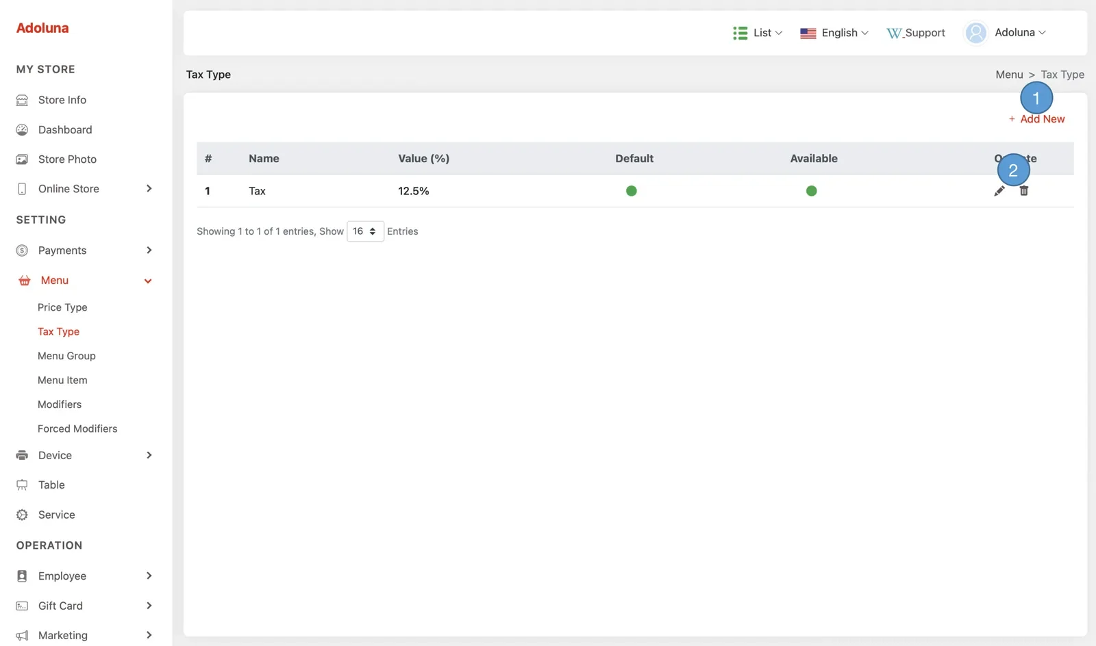 Adoluna Backoffice screen – Tax 1 (Menu: Tax Type)