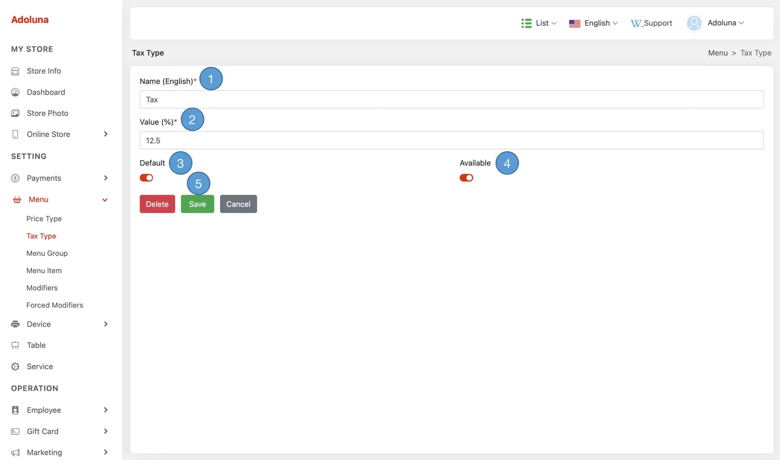 Adoluna Backoffice screen – Tax 2 (Menu: Tax Type)