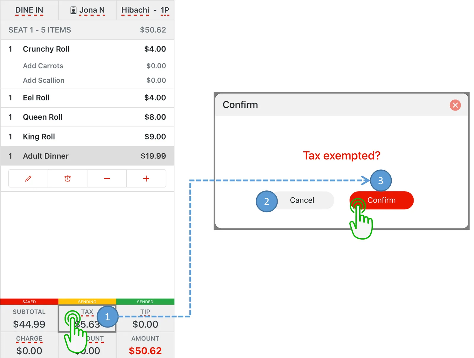Adoluna POS screen – Tax Exempt (Order Entry: Tax Exempt)