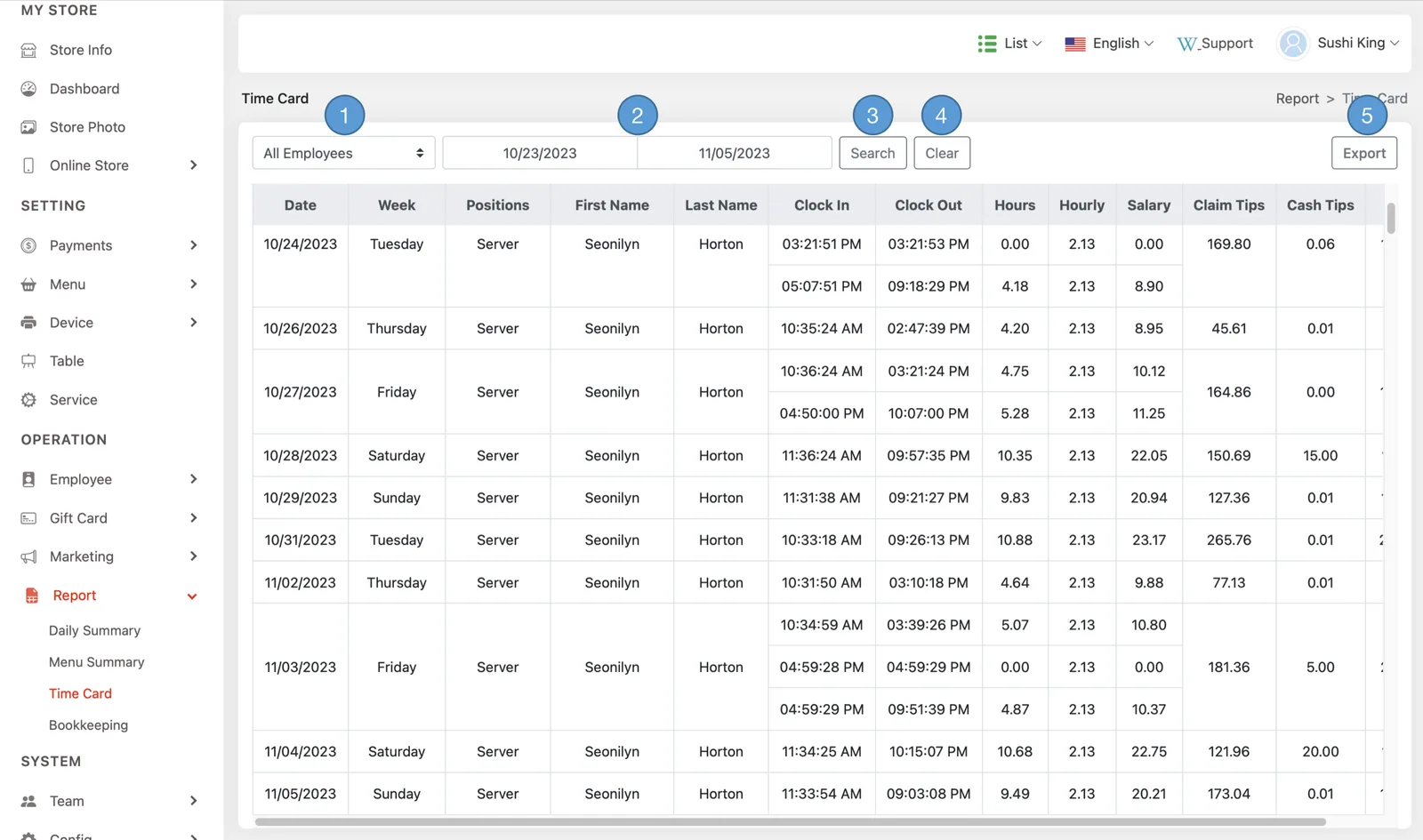 Adoluna Backoffice screen – Time Card (Report: Time Card)
