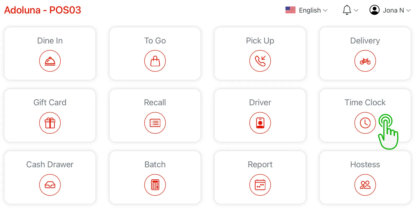 Adoluna POS screen – Time Clock (Closing Procedures: Clocking Out)