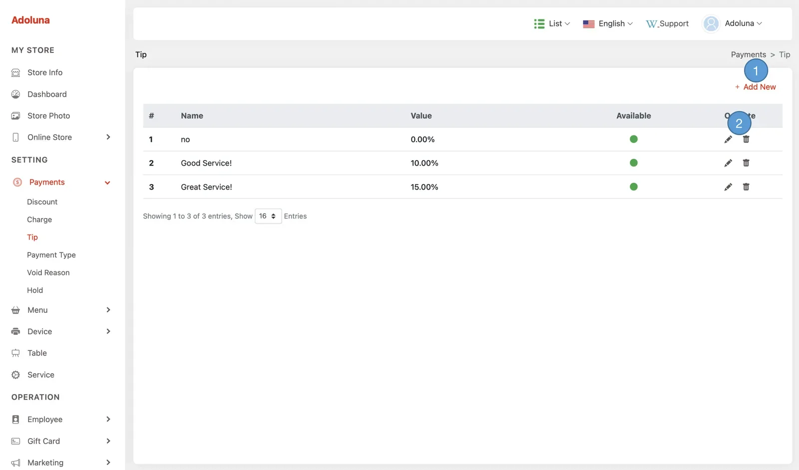Adoluna Backoffice screen – Tip 1 (Payments: Tip)